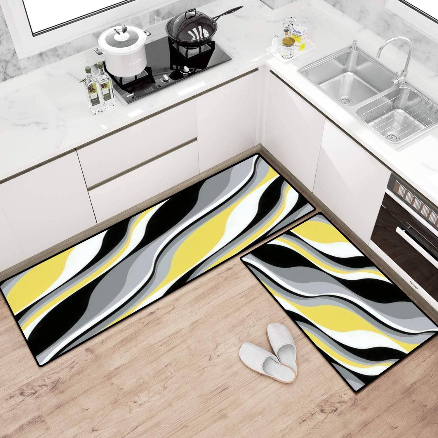 Boho Kitchen Rugs Set - Abstract Contrast Diagonal Wave Design Non-Slip Washable Floor Mat - Traditional Folk Style Runner for Kitchen, Bathroom & Entryway - Comfort Standing Mats for Home Decor (Perfect for Farmhouse, Apartment & Cozy Spaces)