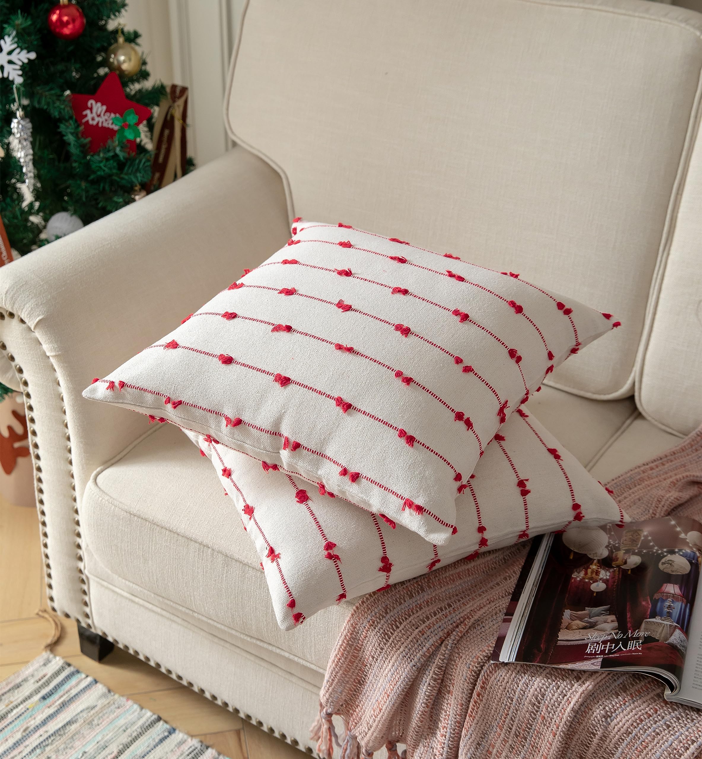 Boho Christmas Throw Pillow Covers 20x20 Inches - Set of 2 Beige and Red Modern Farmhouse Holiday Decorative Pillow Covers for Couch, Sofa, Bed, Living Room - Perfect for Holiday Home Decor and Cozy Winter Ambiance