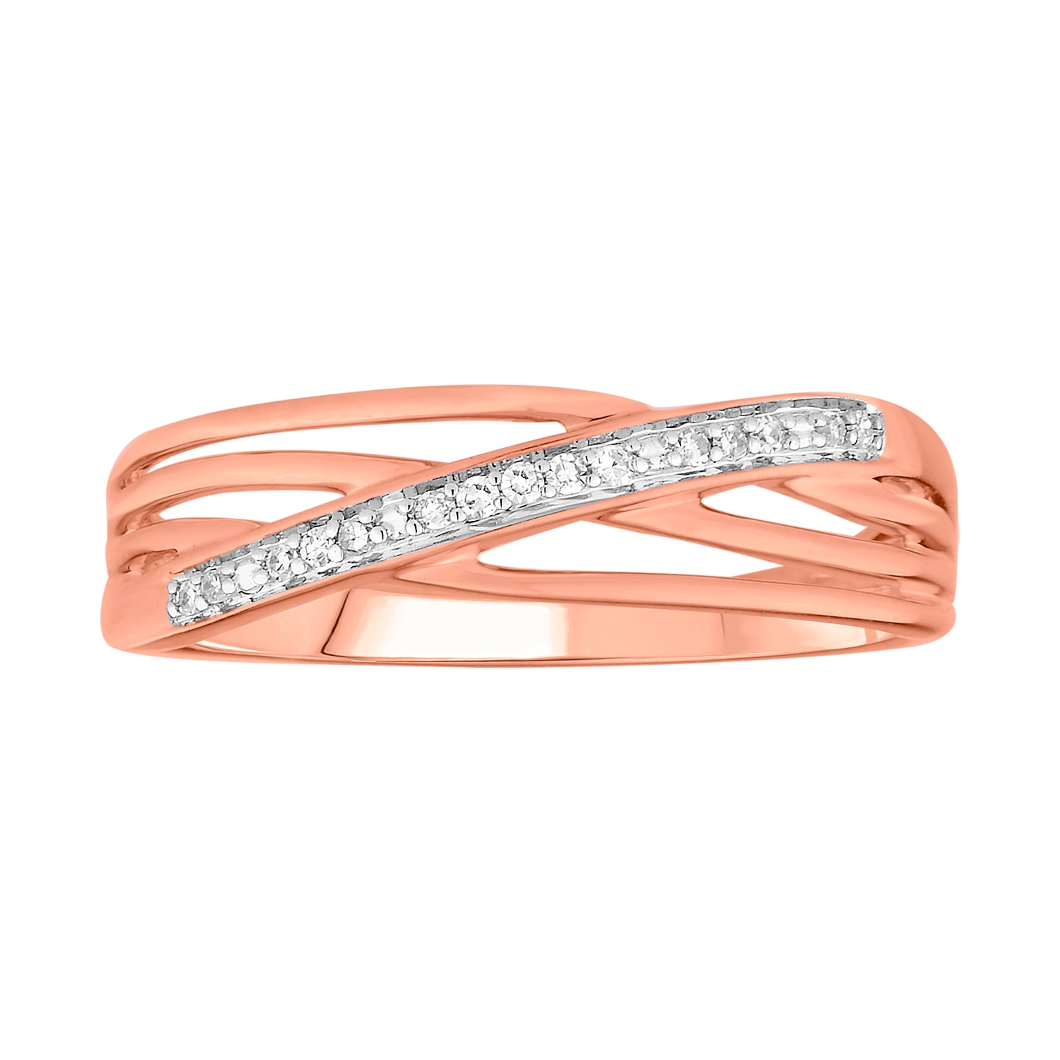 9ct Rose Gold Diamond Crossover Ring with 15 Brilliant Cut Diamonds - Elegant Jewelry for Women, Perfect for Weddings, Anniversaries & Special Occasions