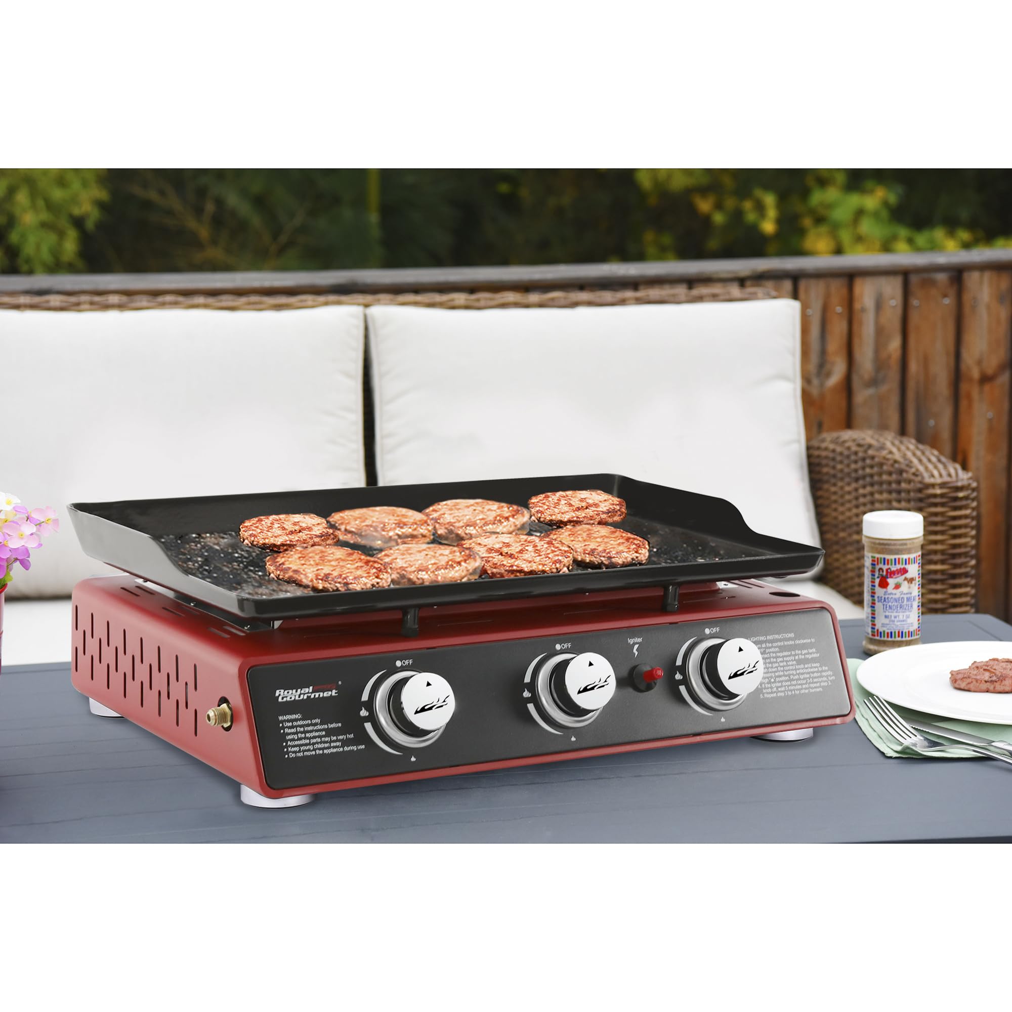 Royal Gourmet PD1301R Portable 24-Inch 3-Burner Table Top Gas Grill Griddle with Cover - 25,500 BTUs Outdoor Cooking for Camping, Tailgating, Backyard BBQs & Picnics - Red