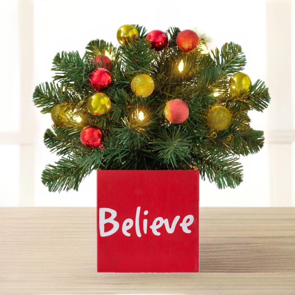 Haute Decor LED Pre-lit Believe Classic Greenery Christmas Tabletop Decor with Built-in Timer - 13 Inch Square Holiday Centerpiece for Dining Table, Mantel, and Festive Home Decor