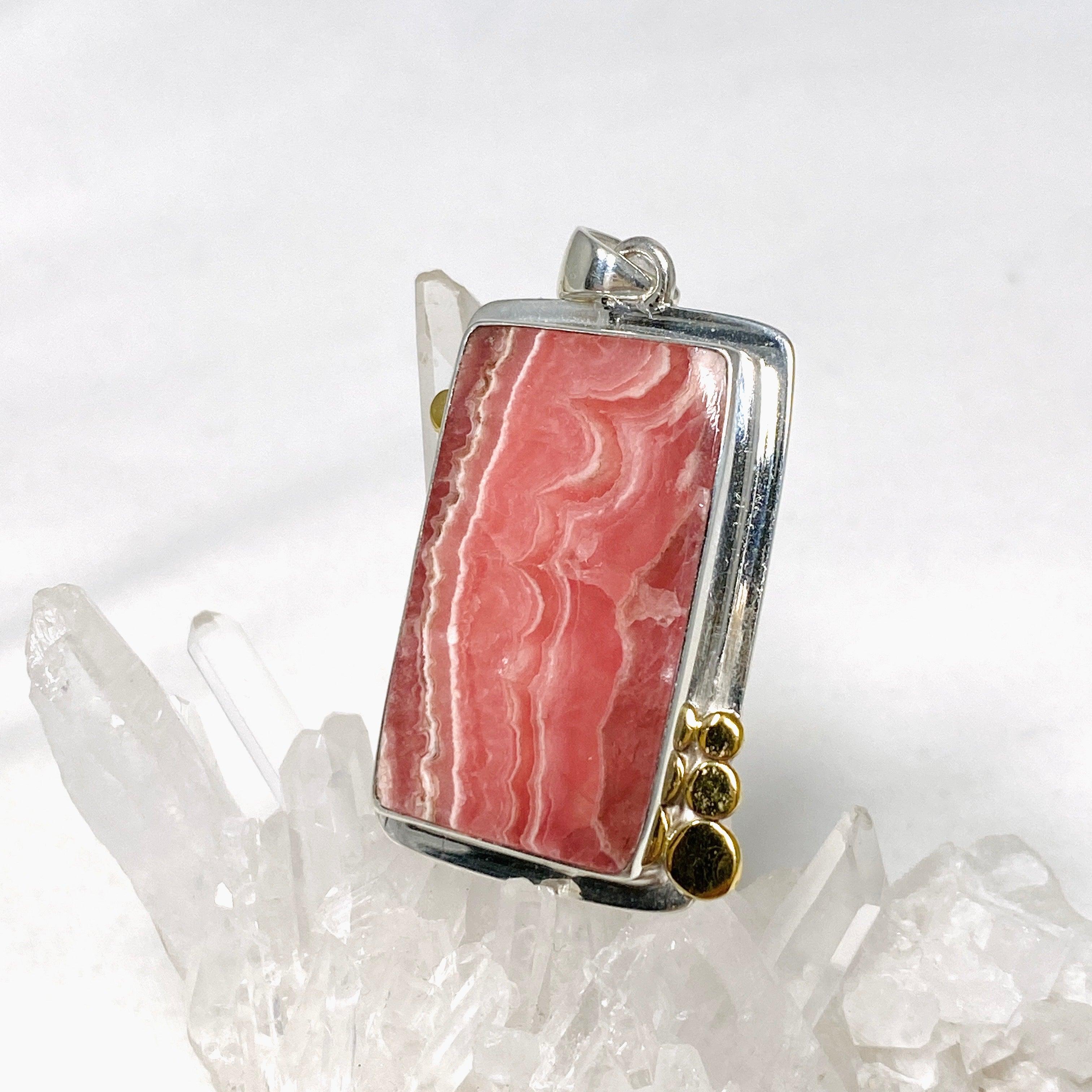 Rhodochrosite Rectangular Pendant with Brass Accents KPGJ4324 - Elegant Gemstone Jewelry for Women, Gift for Her, Perfect for Valentine's Day & Anniversary