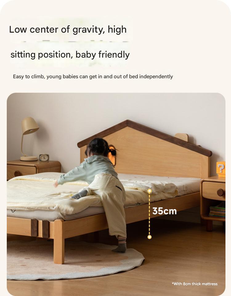 Kids Wooden Bed with Night Light - Beech & Poplar Little House Design with 15-Minute Auto Light Off - Perfect for Bedrooms, Playrooms & Cozy Sleep Spaces