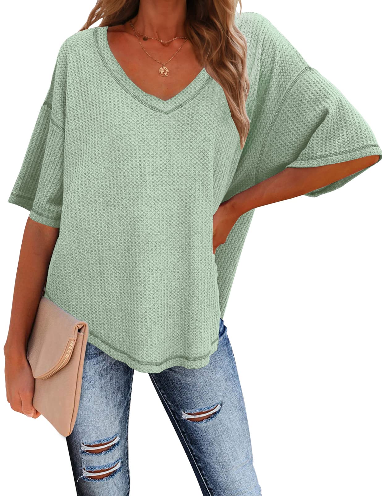 MEROKEETY Women's V Neck Batwing Half Sleeve Waffle Knit Blouse - Soft Loose Fit Solid Color Top for Casual Wear, Office & Date Nights