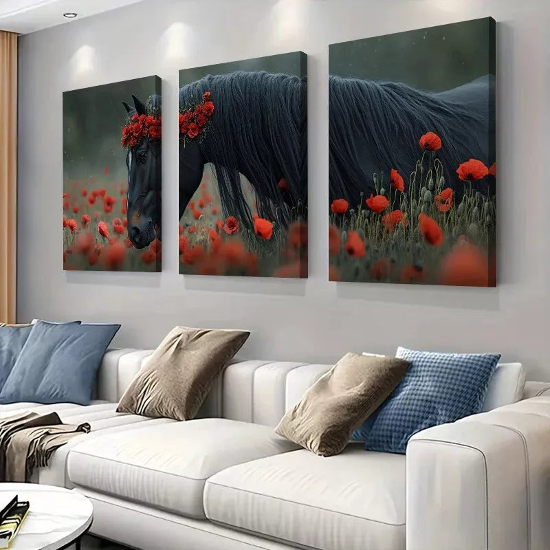 3-Piece Elegant Poppy Field with Majestic Black Horse Wall Art Set - Framed Canvas 50x70cm (20x28in) - High Quality Print, 100% Australian Made, Ready to Hang - Perfect for Living Room, Bedroom & Office Decor