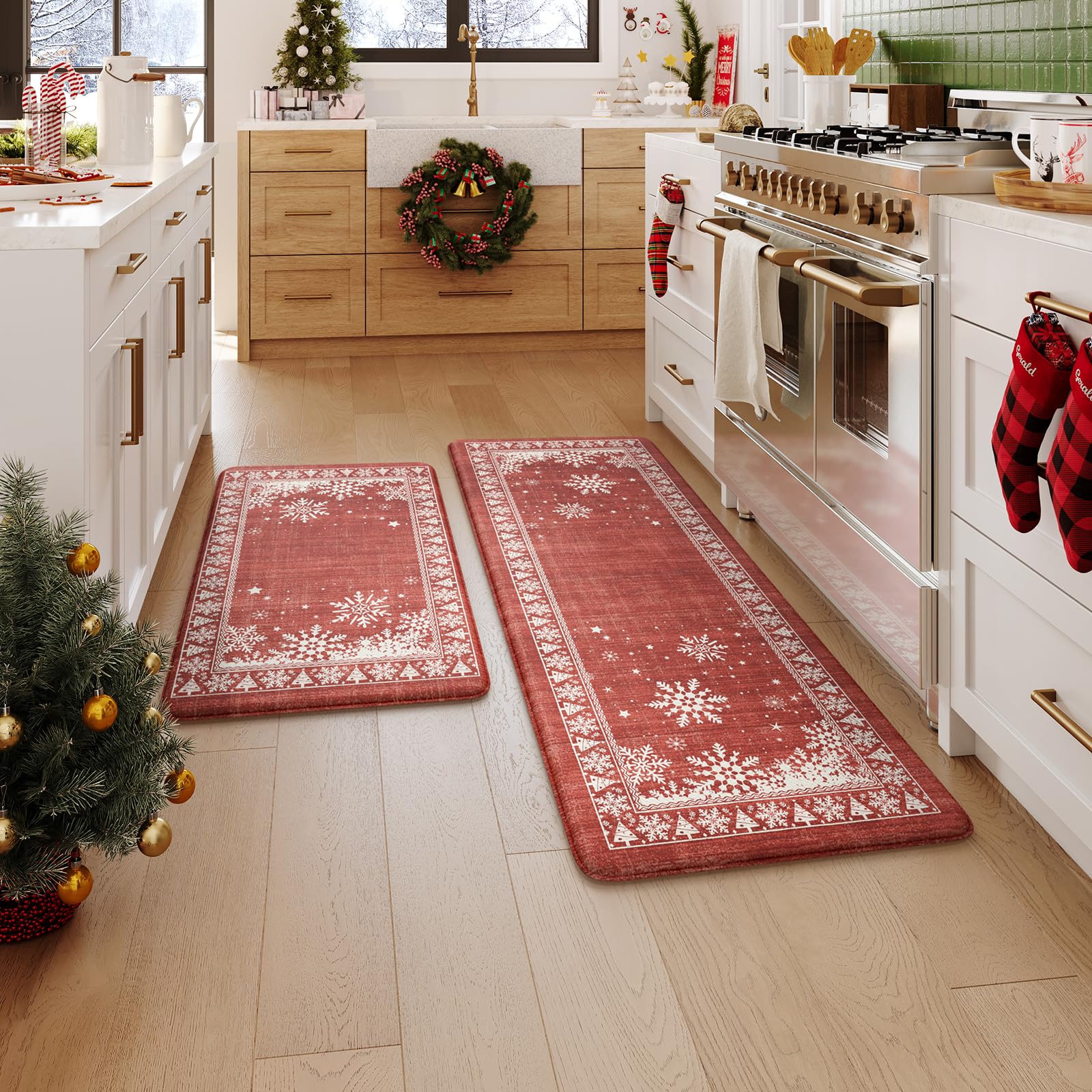 KIMODE Christmas Kitchen Mats Set of 2 - Anti Fatigue Memory Foam Floor Mats with Boho Red Snow Design, 17