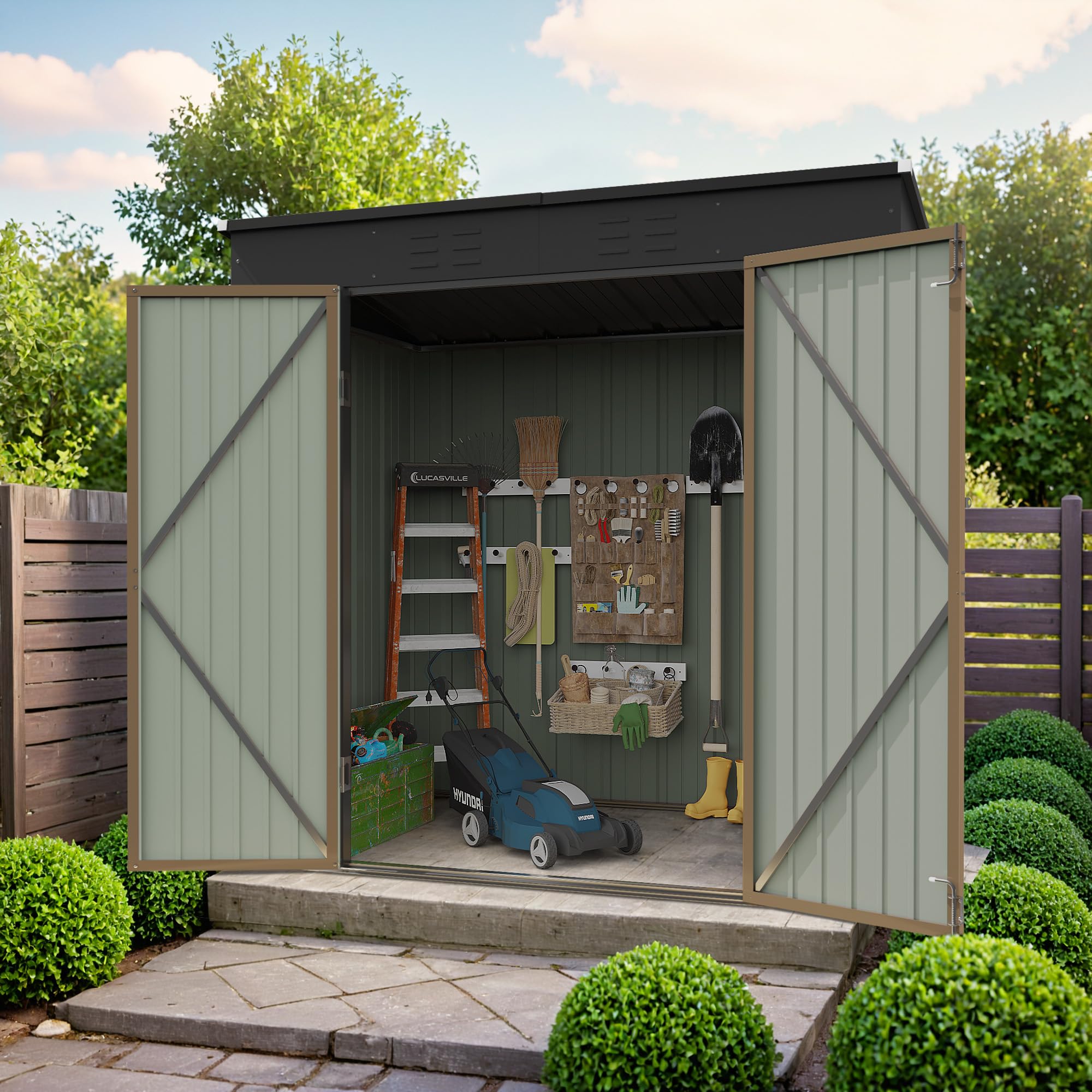 Devoko 6x8 FT Outdoor Metal Storage Shed - Garden Tool Shed with Sloped Roof for Patio, Lawn & Backyard Organization (Brown) | Perfect for Storing Lawn Mowers, Bikes & Seasonal Items