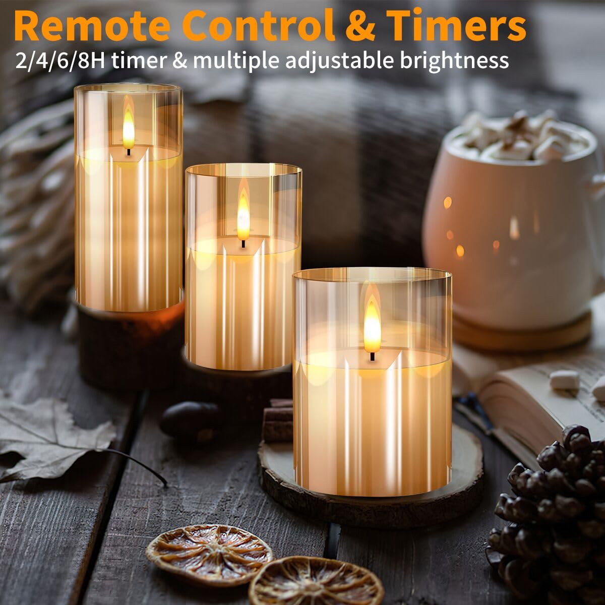 Flickering Flameless LED Candles with Remote Control & Timer - Set of 3 Gold Glass Effect Battery Operated Candles for Wedding, Party, Home Decor - Perfect for Romantic Dinners, Holiday Centerpieces & Spa Relaxation