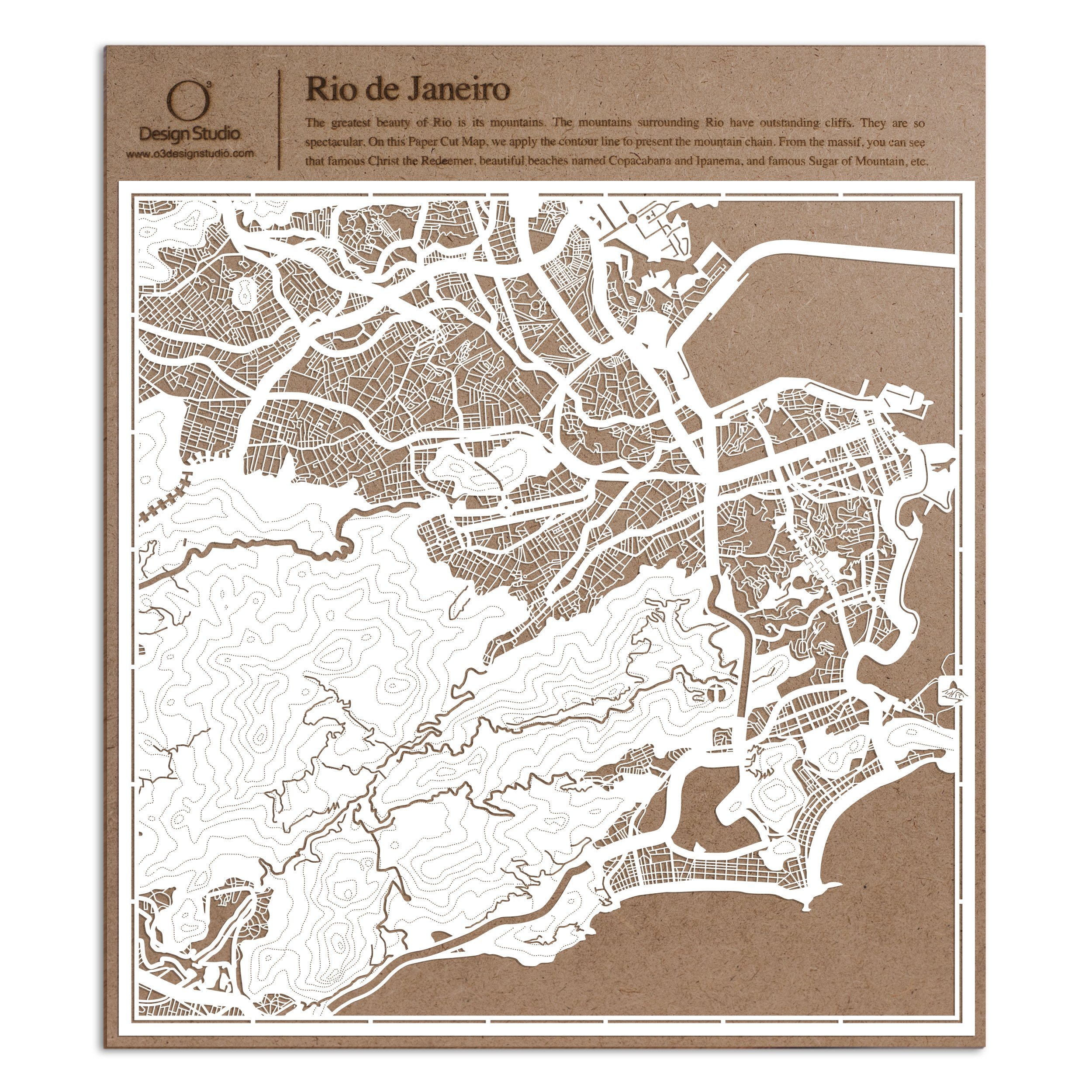 O3 Design Studio Rio de Janeiro Paper Cut Map - 12×12 Inches White Paper Art Wall Decor for Home, Office & Travel Inspiration