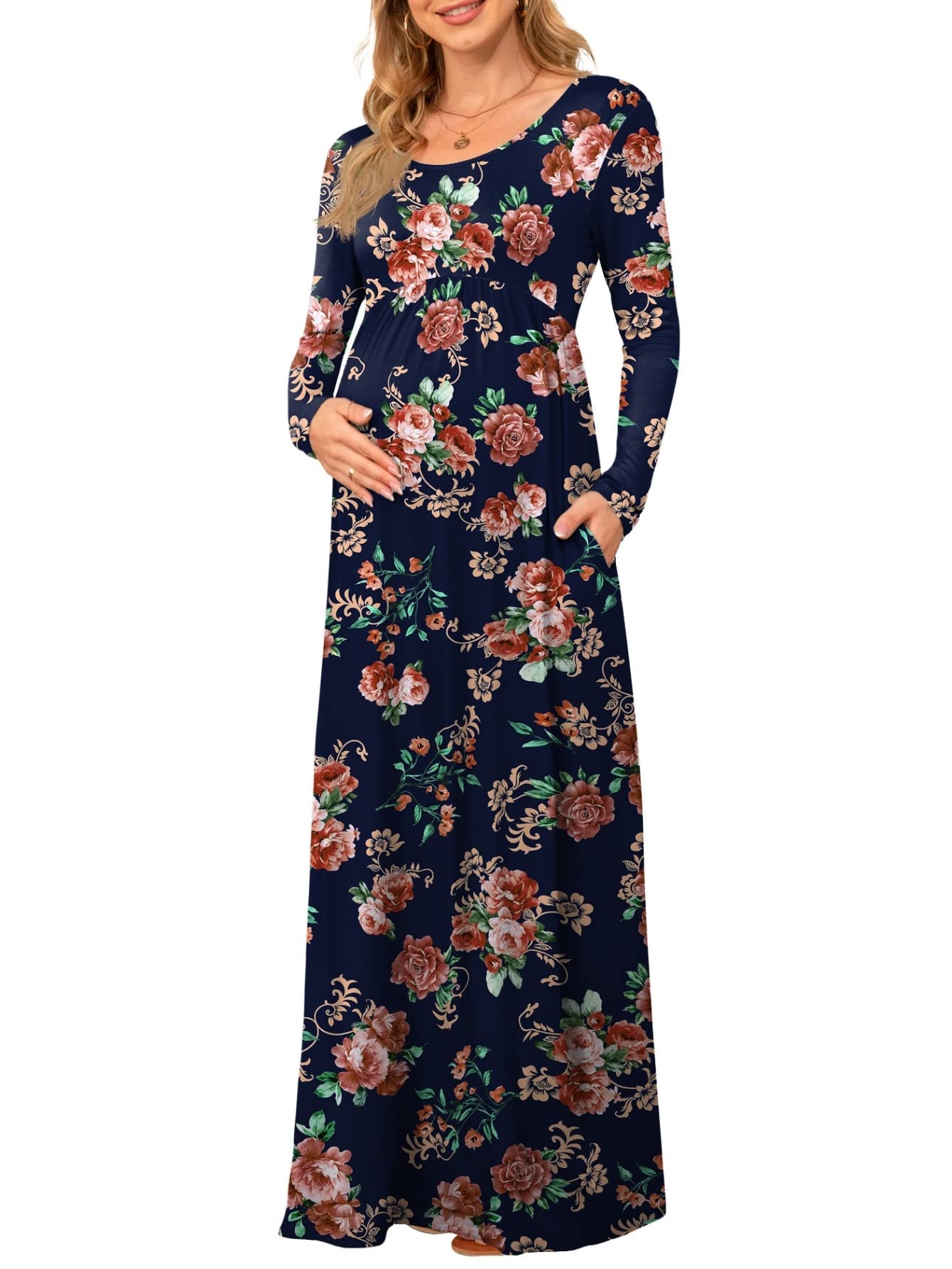 Xpenyo Women's Maternity Casual Dress - Empire Waist Maxi Dress for Pregnancy with Pockets | Comfortable Nursing & Everyday Wear for Expecting Moms