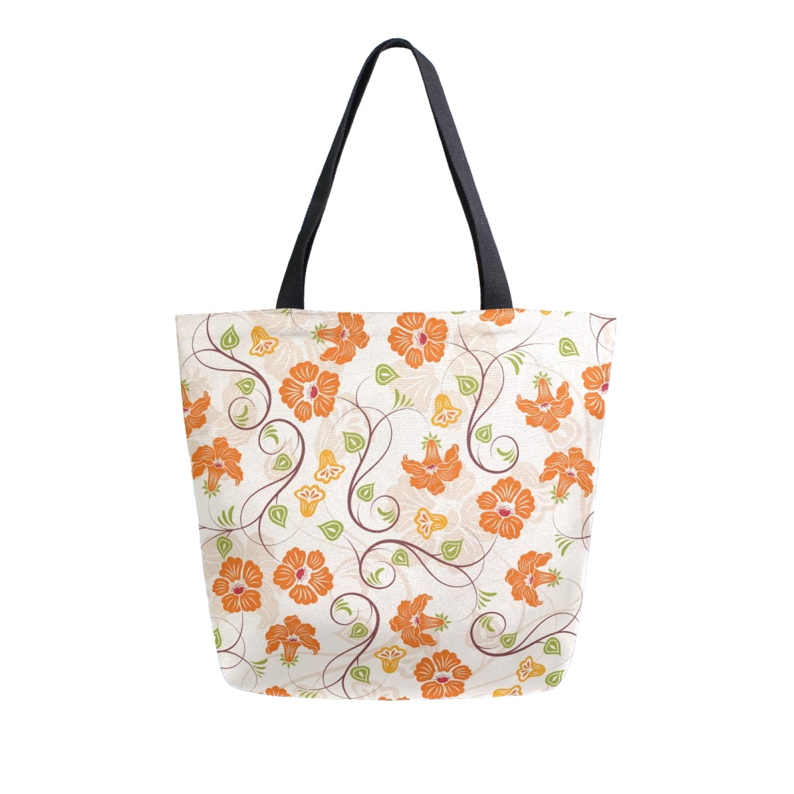 Eco-Friendly Canvas Tote Bag for Women - Reusable Grocery Shopping Bag with Inner Pocket, Durable Shoulder Bag for Beach, Gym, Travel & Office Work - Stylish Orange Floral Design