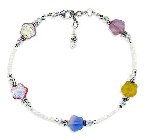 Spring Flower Crystal Bali Anklet - Elegant Beaded Ankle Bracelet for Women, Boho Beach Jewelry, Perfect for Summer Vacations & Music Festivals