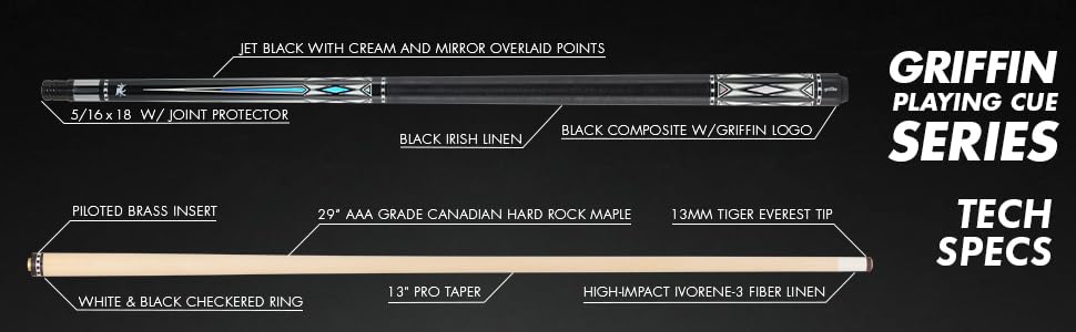 Premium Griffin GR40 Pool Cue - Jet Black with Elegant Overlaid Points for Professional Billiards & Tournament Play