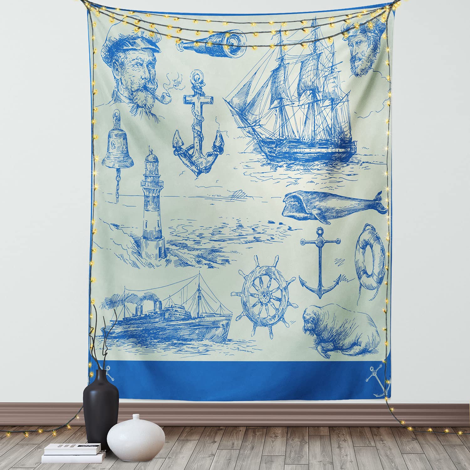 Ambesonne Nautical Anchor Tapestry - Whale Sailboat & Lighthouse Fishing Theme Wall Art - 60