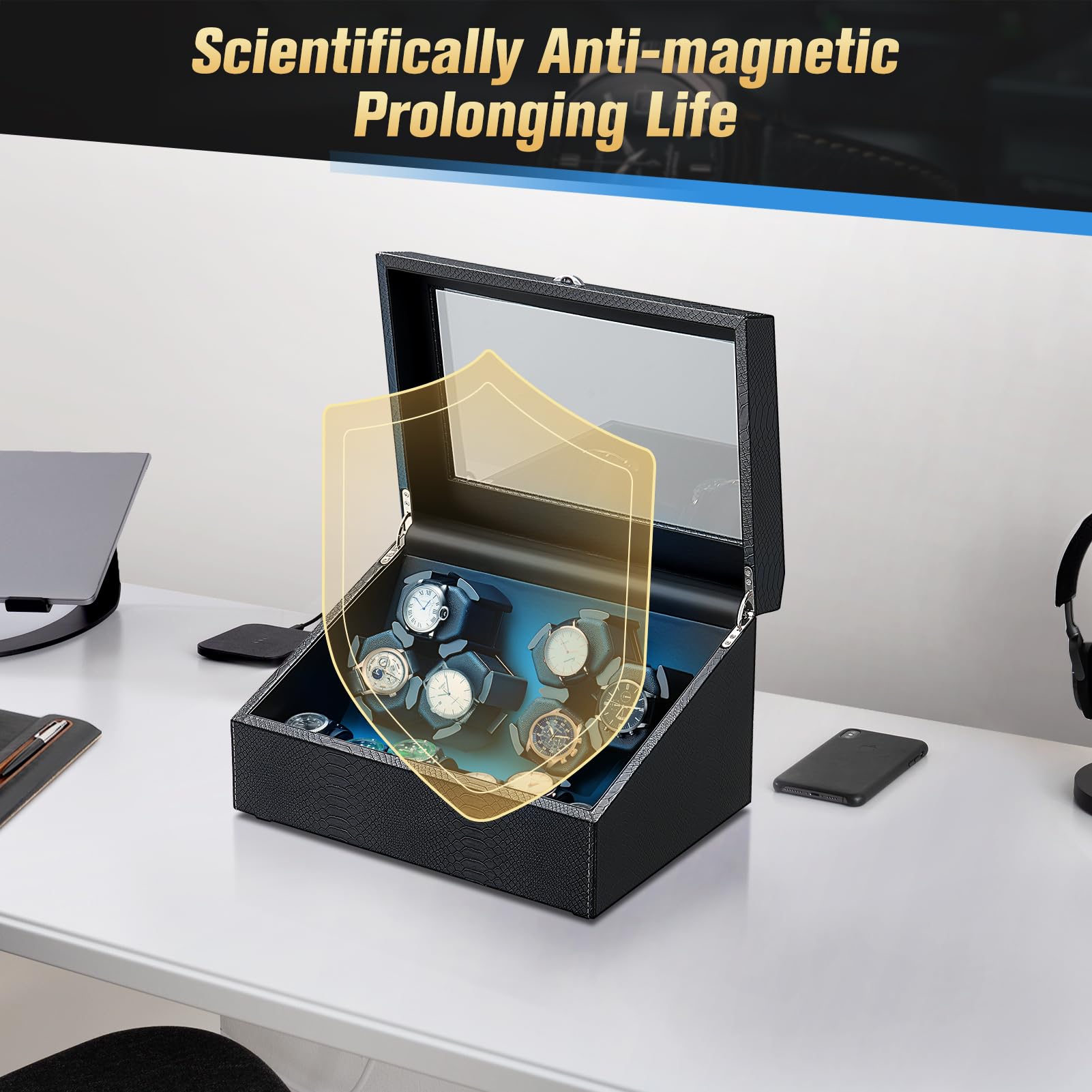 6 Watch Winder Box for Automatic Watches - Ultra Quiet Motor with Built-in LED Light - 6 Storage Slots - Perfect for Watch Collectors & Luxury Timepiece Display (Home/Office Use)