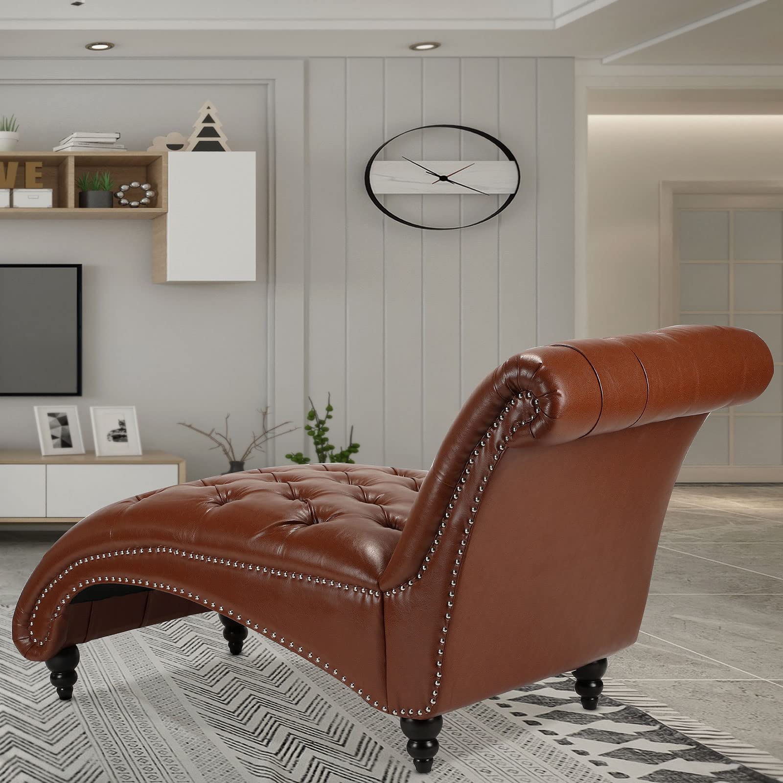 HomVent Leather Chaise Lounge Chair with Tufted Buttons - Indoor Modern Futon for Living Room, Office or Bedroom - Light Brown - Perfect for Relaxing, Reading & Small Space Decor