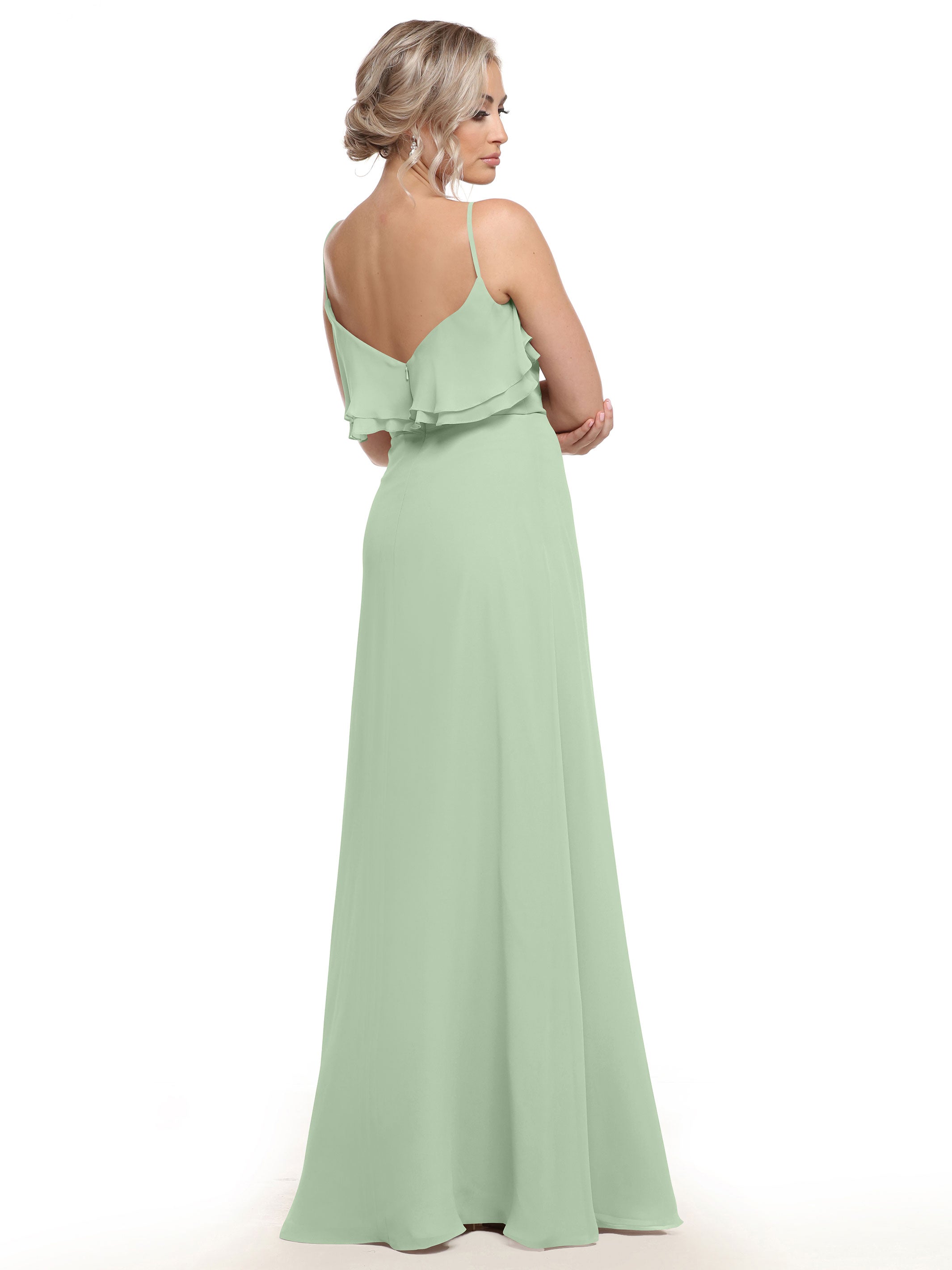 Elegant 80146 Chiffon Bridesmaid Dress with Ruffled Neckline - Perfect for Weddings, Formal Events & Special Occasions