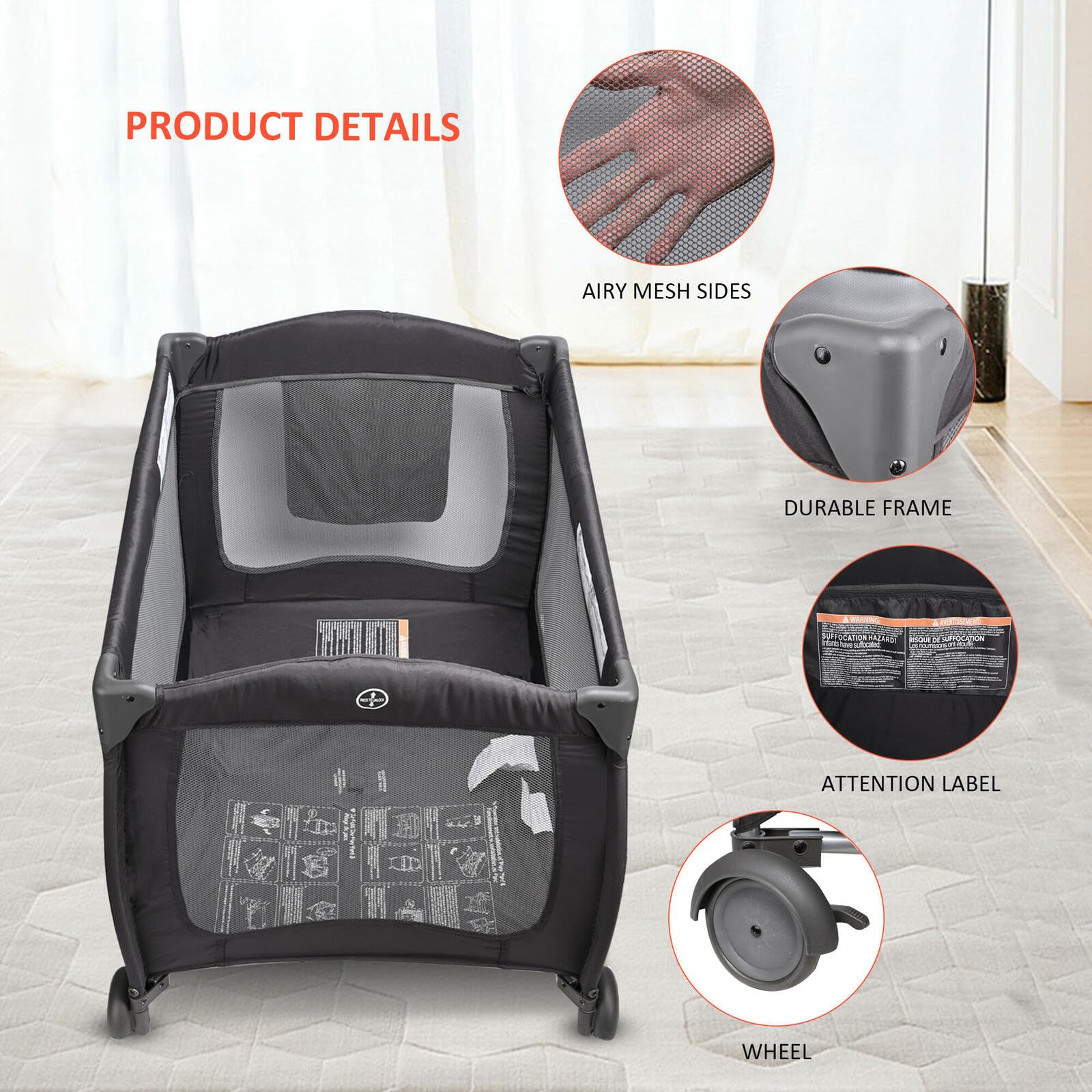 LIVINGbasics 2-in-1 Baby Playard & Foldable Bassinet with Wheels - Portable Crib for Newborns, Infants - Perfect for Nursery, Travel, Camping & Outdoor Use