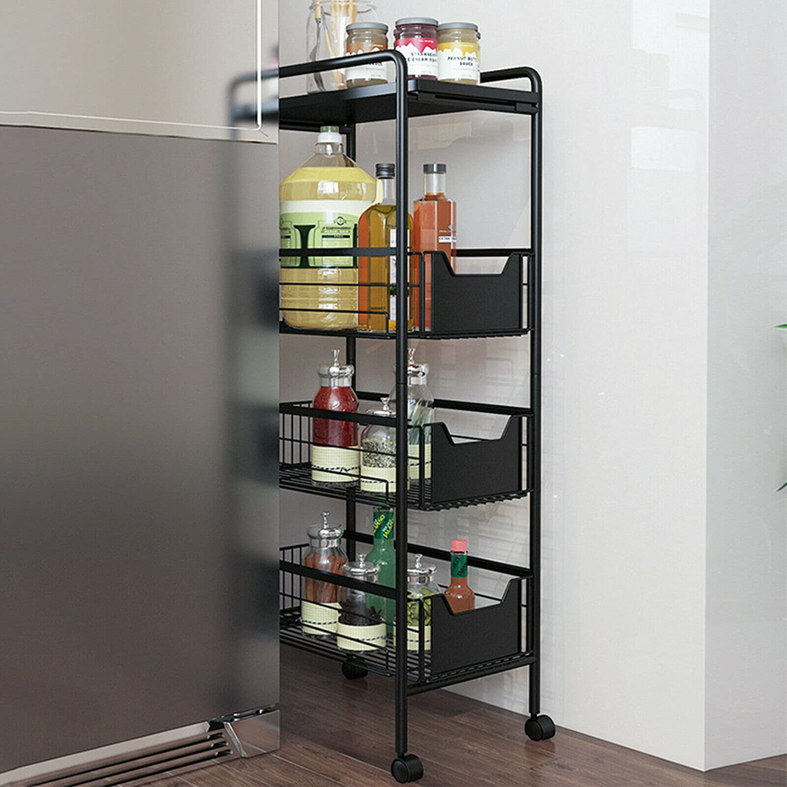 4-Tier Metal Rolling Storage Cart with Wheels & Handle - Slim Narrow Organizer Tower for Kitchen, Bathroom, Laundry - Mobile Utility Shelving Unit for Spice Racks, Pantry Storage & Bathroom Essentials