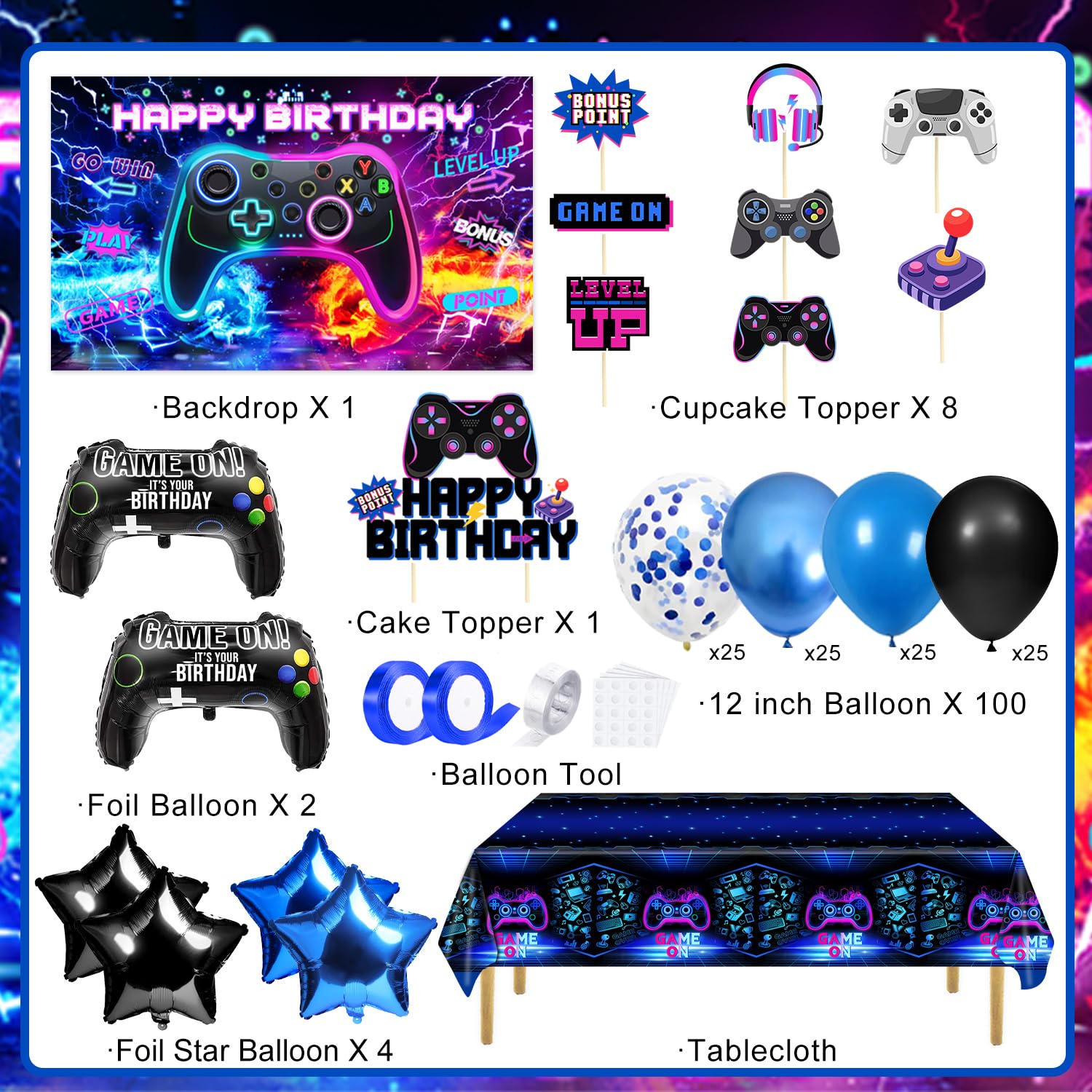Video Game Birthday Party Decorations Set - Backdrop, Foil Balloons, Tablecloth, Cake Toppers & Balloon Arch Kit for Boys Gaming Theme Celebration | Perfect for Gaming Enthusiast Birthday Parties & Themed Events