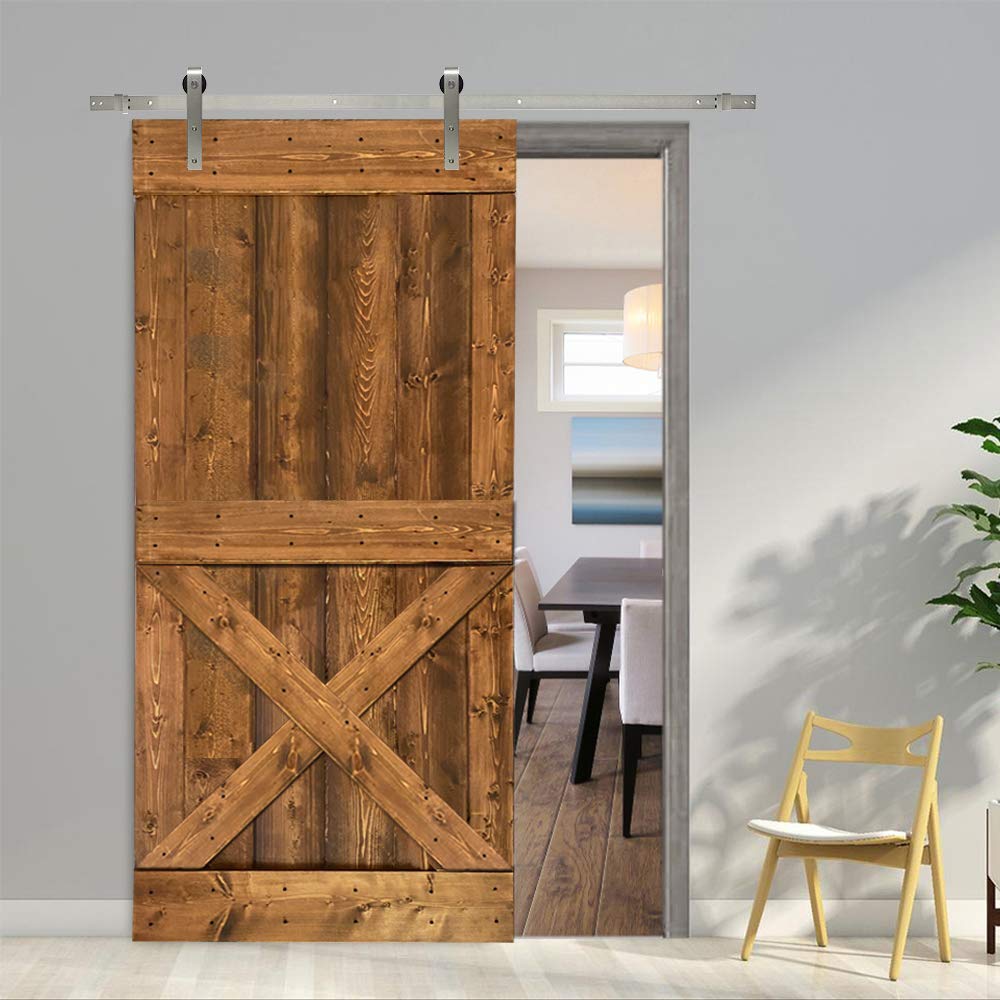 TMS Mini X Stained Solid Knotty Pine Wood Interior Sliding Barn Door with Hardware Kit (84