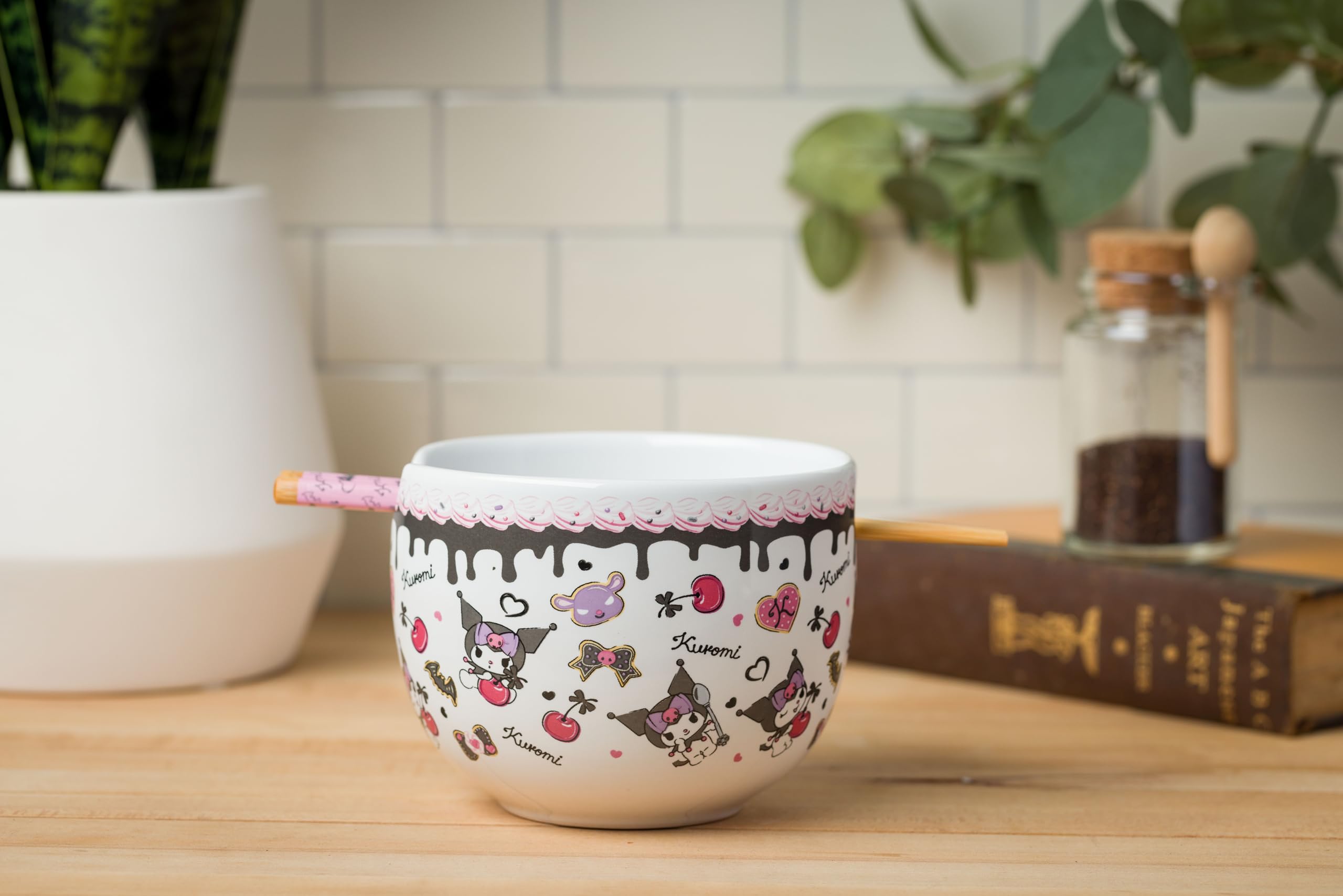 Sanrio Hello Kitty & Friends Kuromi Chocolate Cherry Ceramic Ramen Bowl - 20oz Microwave Safe Noodle Rice Dish with Chopsticks | Cute Anime Dinnerware for Home, Office & Gift