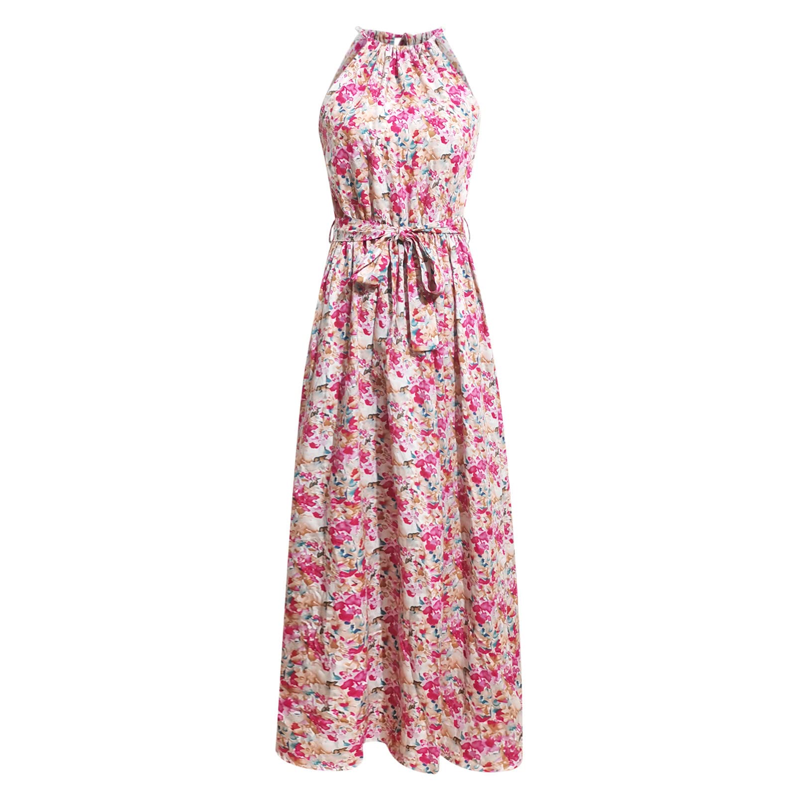 Women's Pink Floral Sleeveless Maxi Dress - Halter Neck Pleated Long Dress with Tie Waist & Flowy Hem | Perfect for Beach Vacations, Summer Parties & Casual Outings
