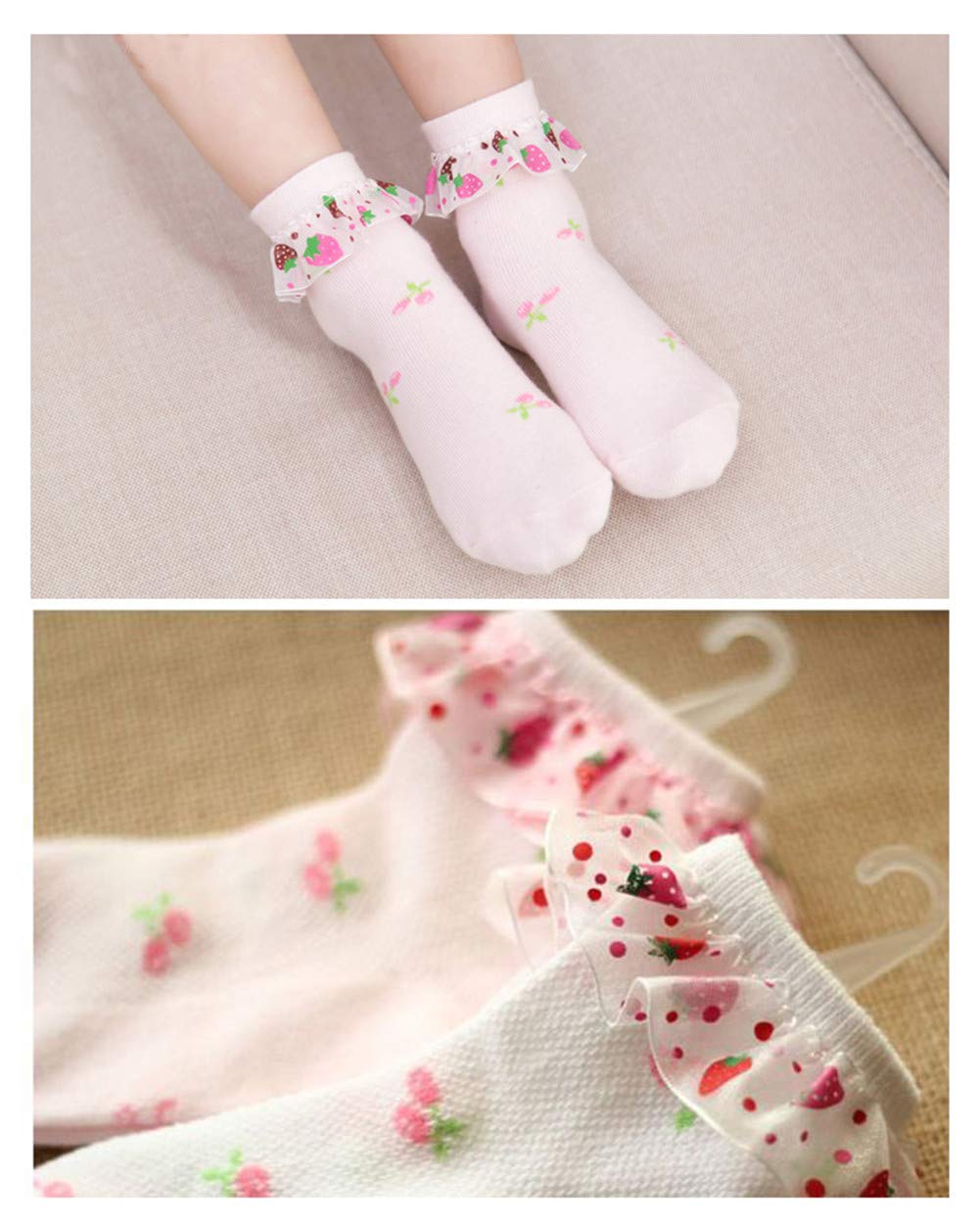 Cute Toddler Girl Ankle Socks - Lace Eyelet Frilly Socks with Ruffles & Bow Knots - Strawberry Print 2-Pack - Perfect for Dress Up, Parties & Everyday Wear