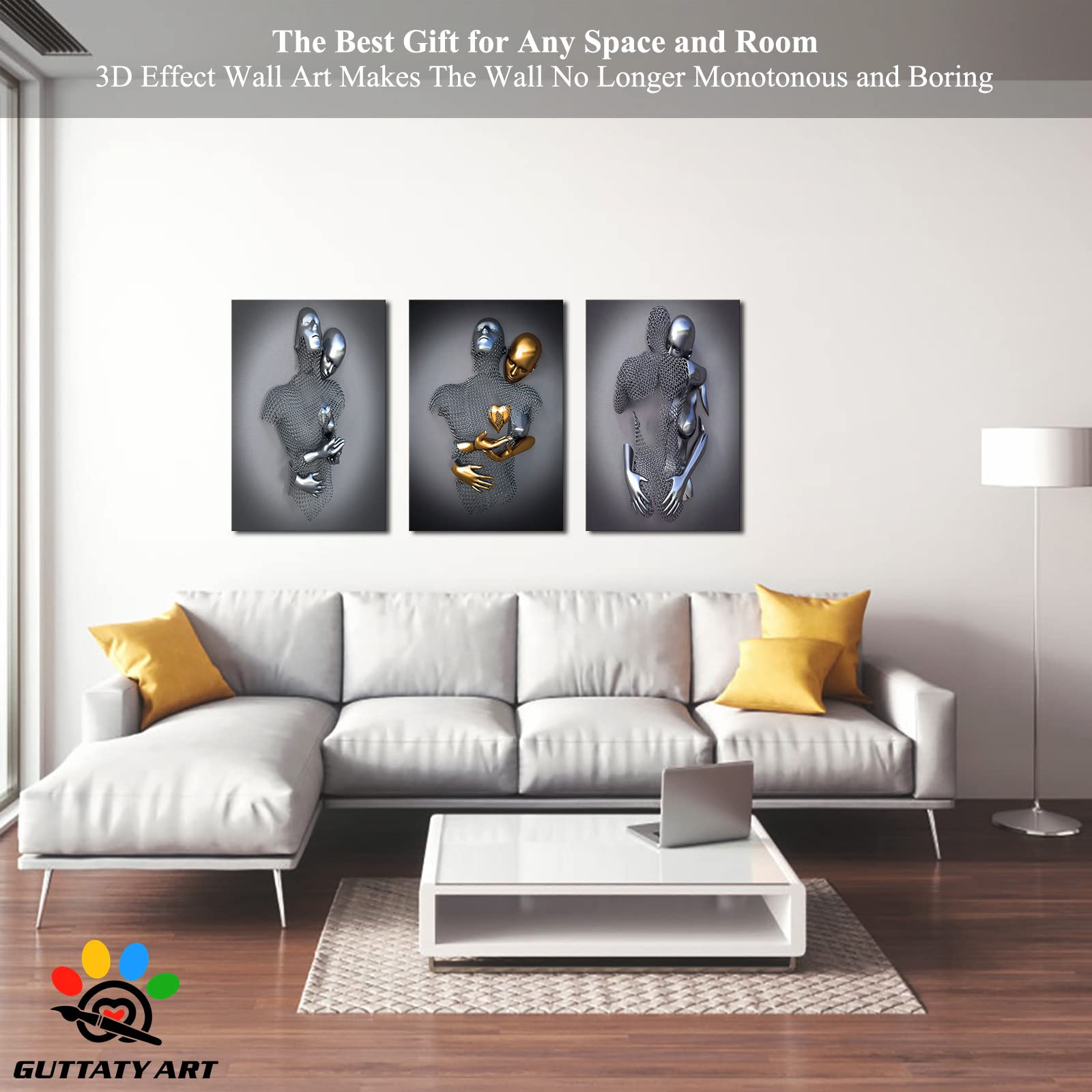 3D Metal Effect Wall Art - Modern Love Heart Gray 3D Canvas Wall Decor for Living Room & Bedroom | Valentine's Day Romantic Couples Gift | 20