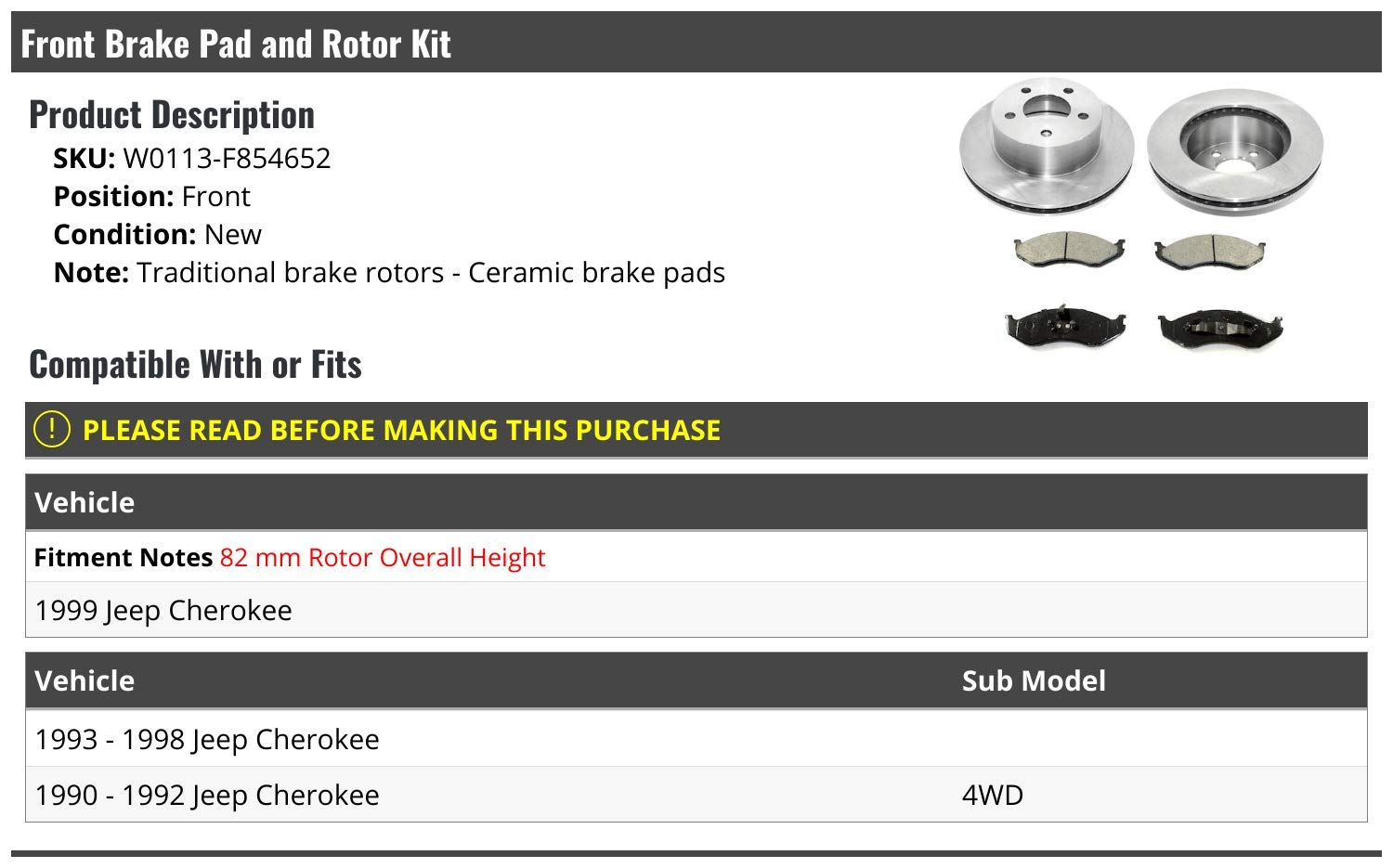 High-Performance Front Ceramic Brake Pad and Rotor Kit for 1990-1999 Jeep Cherokee 4WD - Durable & Quiet Braking for Off-Road Adventures & Daily Commutes