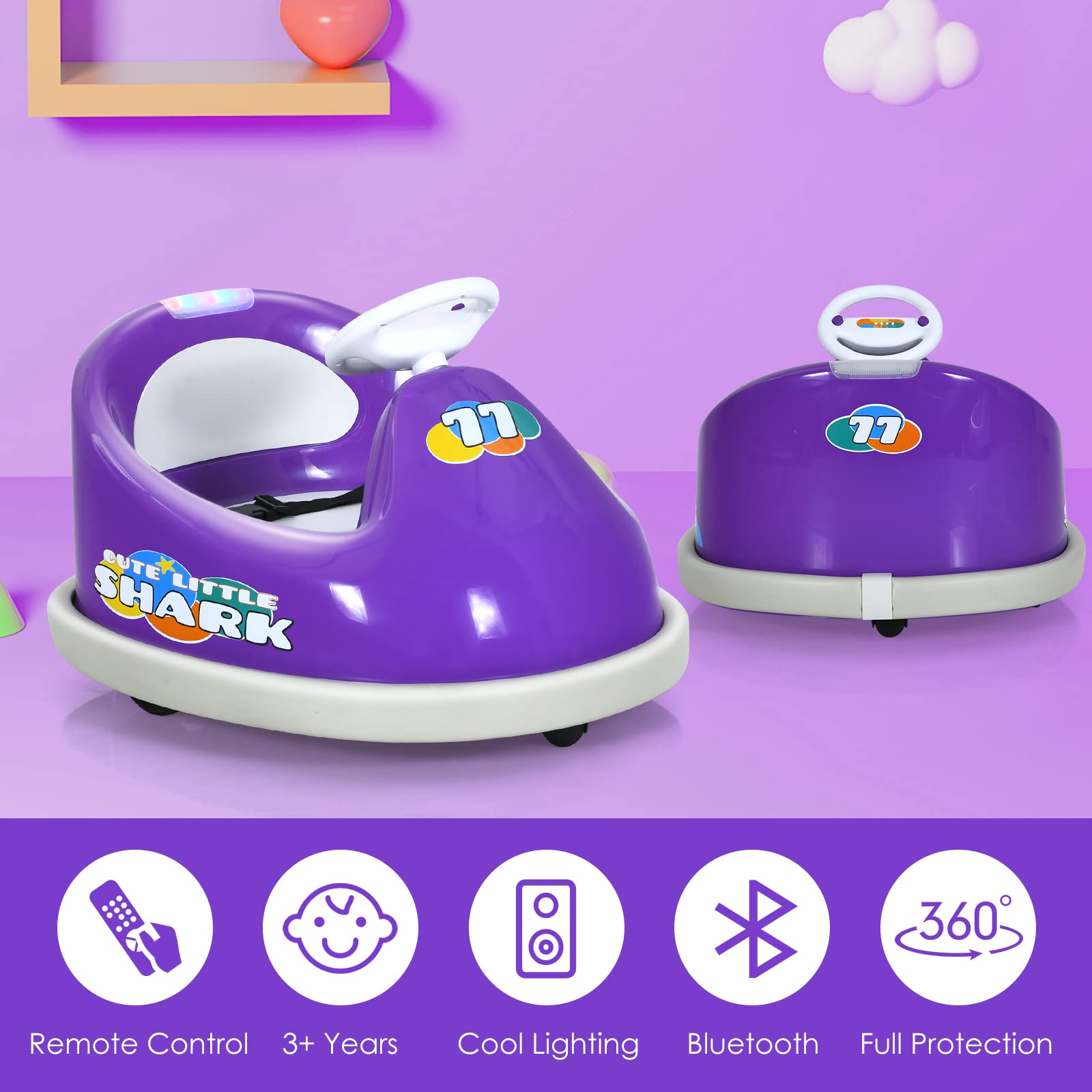 INFANS 6V Kids Electric Ride On Car with 360° Spin, Remote Control, LED Lights & Bluetooth - Rechargeable Bumper Toy Vehicle for Boys & Girls (Purple) | Perfect for Indoor Play, Backyard Fun & Birthday Gifts