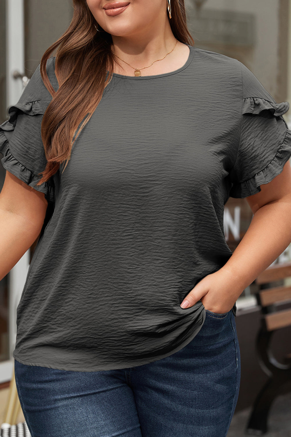 Curvy Fit Ruffled Short Sleeve Blouse for Women | Flattering Plus Size Summer Top | Perfect for Casual Outings & Date Nights