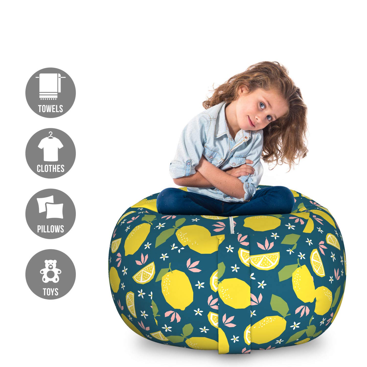 Ambesonne Fruit Storage Toy Bag Chair - Large Washable Organizer with Lemons & Flowers Cartoon Print in Petrol Blue & Yellow | Perfect for Kids' Room, Nursery Storage & Pet Toy Organization