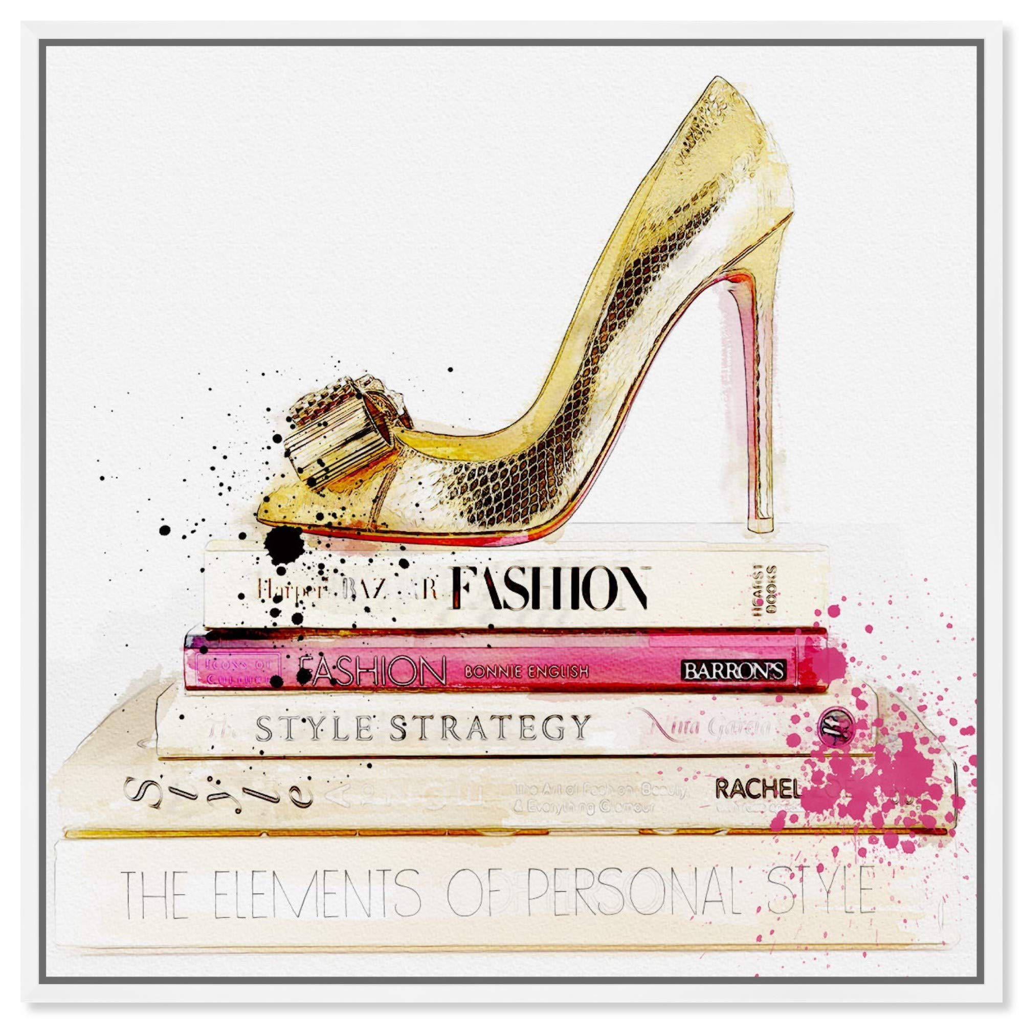 Gold Shoe and Fashion Books Framed Wall Art Canvas Print - 24