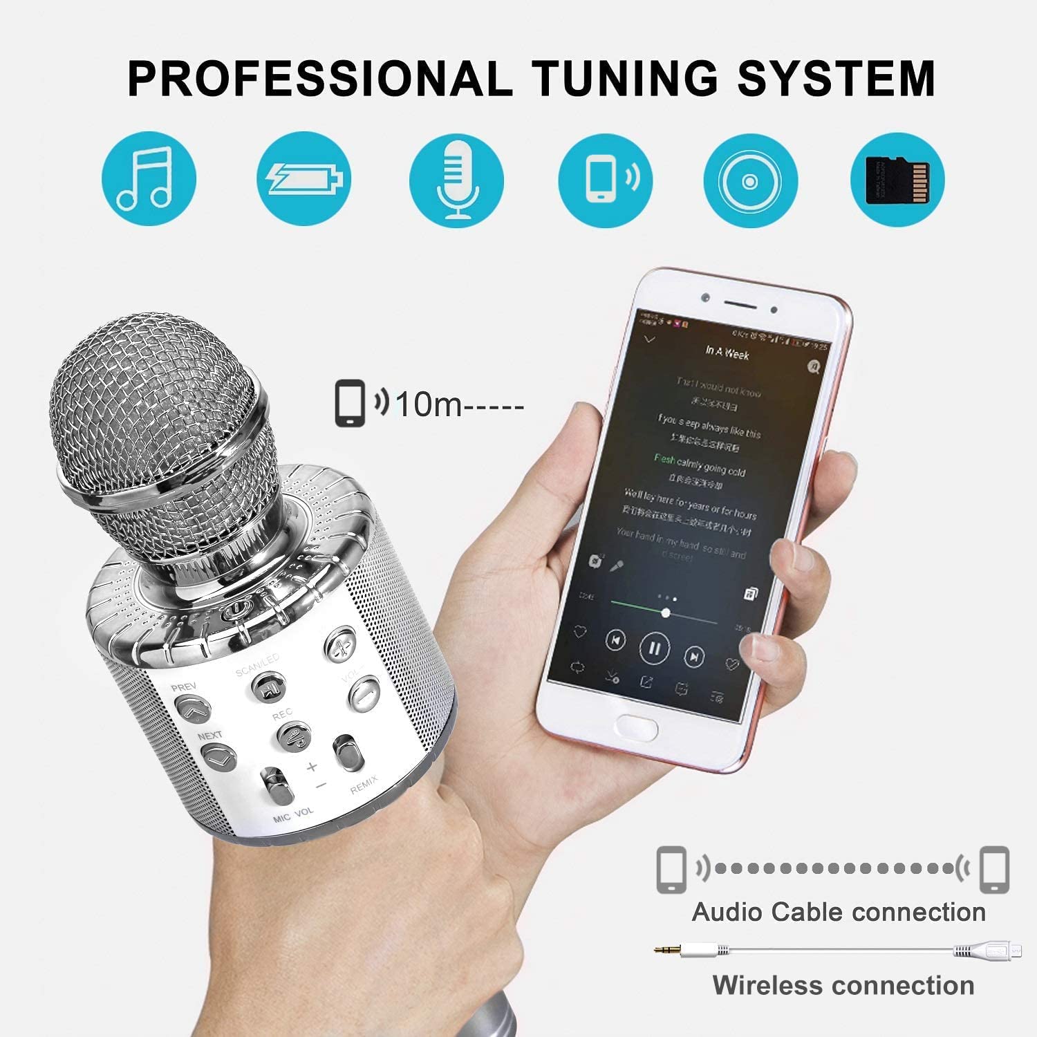 4-in-1 Wireless Karaoke Microphone with LED Lights - Portable Bluetooth Mic for Kids & Adults - Perfect Gift for Boys, Girls & Music Lovers (Silver) - Ideal for Home Singing, Parties & Travel Entertainment