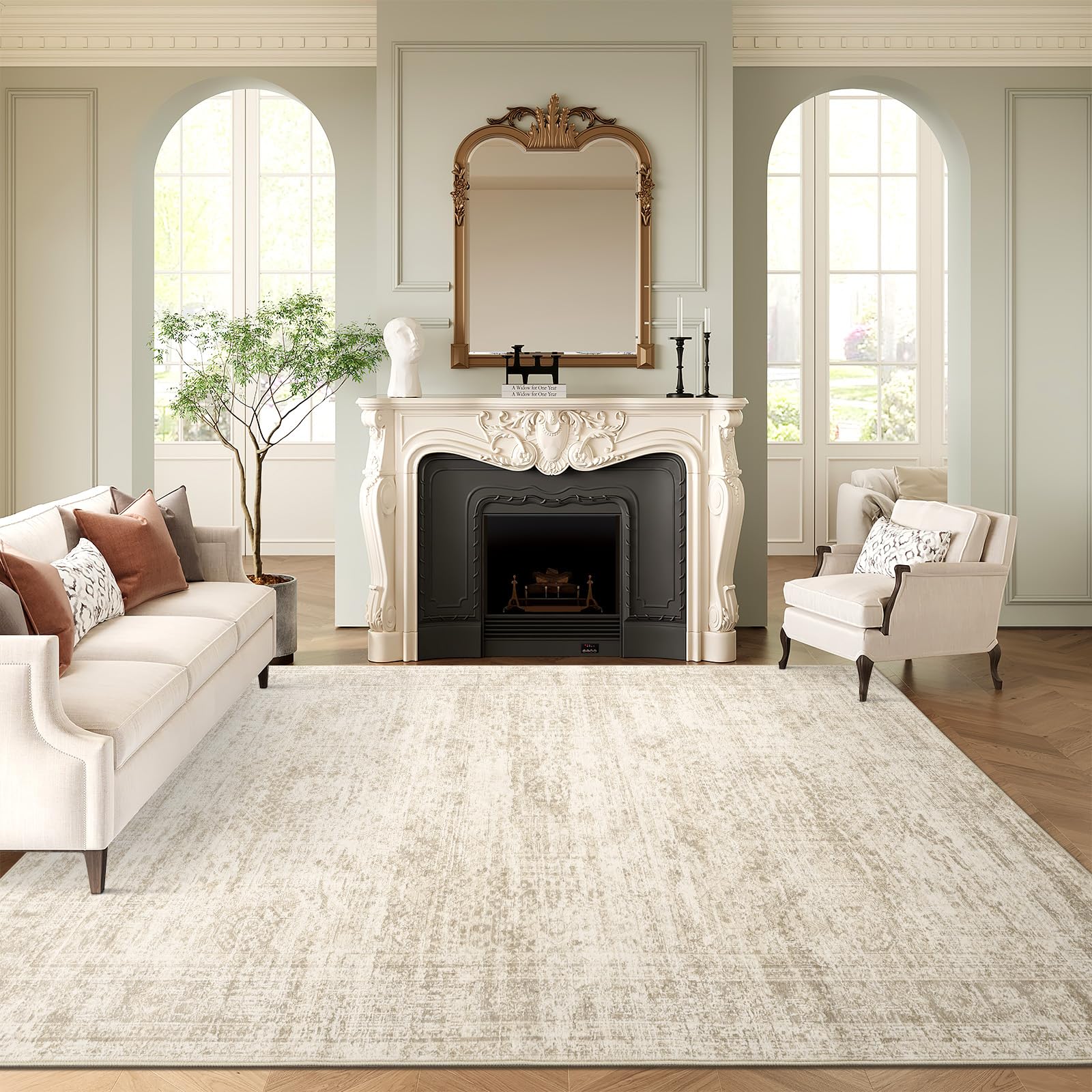 Washable 8x10 Area Rug - Soft Vintage Beige Large Rug for Living Room, Bedroom, Dining Room - Non-Slip Stain Resistant Under Table Rug - Perfect for Home Decor, Cozy Spaces & High Traffic Areas