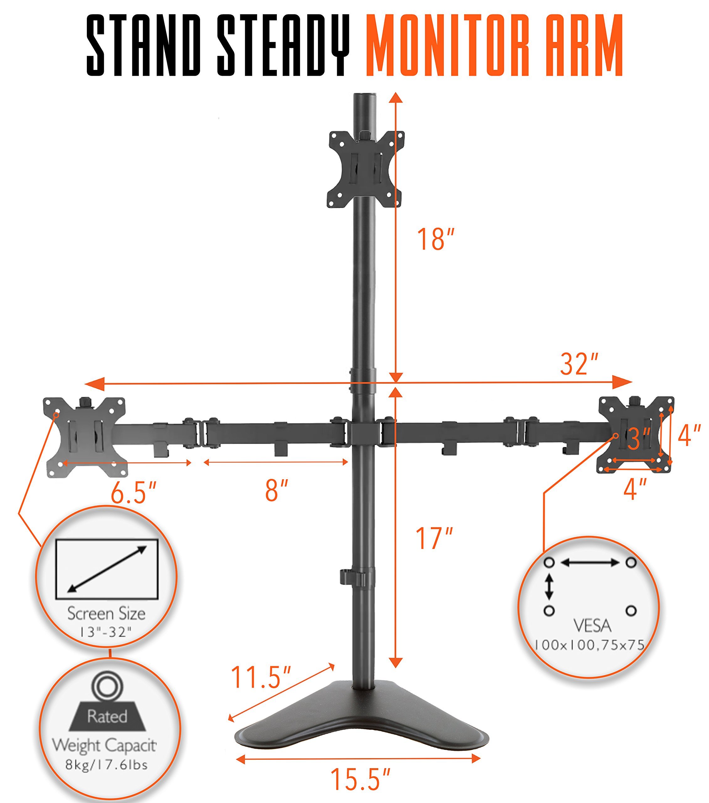 Stand Steady Triple Monitor Desk Stand with Tabletop Base - Adjustable Height & Full Articulation VESA Mount for 13-32 Inch LCD/LED Screens | Perfect for Home Office, Gaming & Workstation Setup