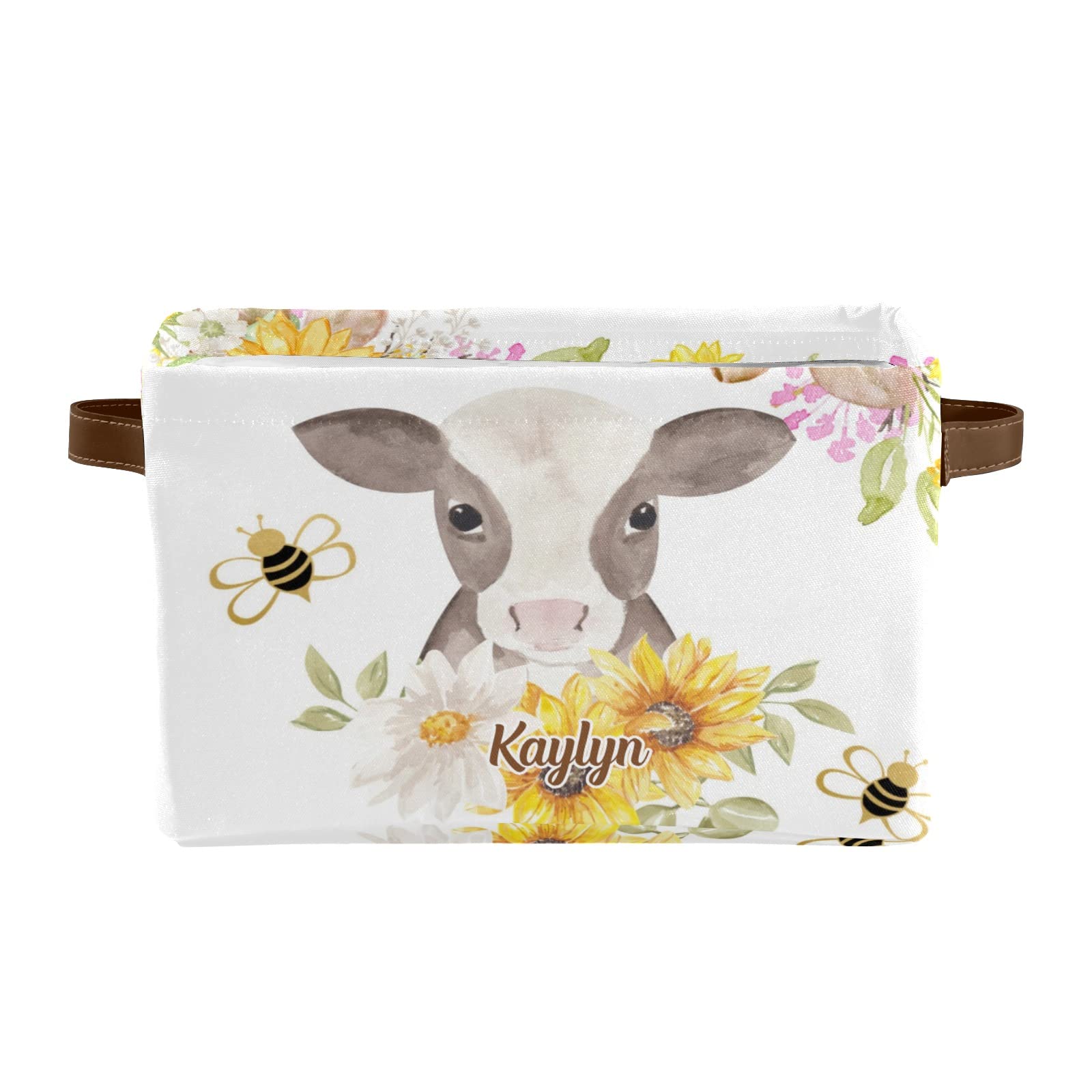 Personalized Farm Cow Sunflower Bee Storage Bins - Durable Handled Organizer Basket for Shelves, Wardrobe, Nursery & Toy Storage (1 Pack) - Perfect for Kids' Room Organization & Home Decor
