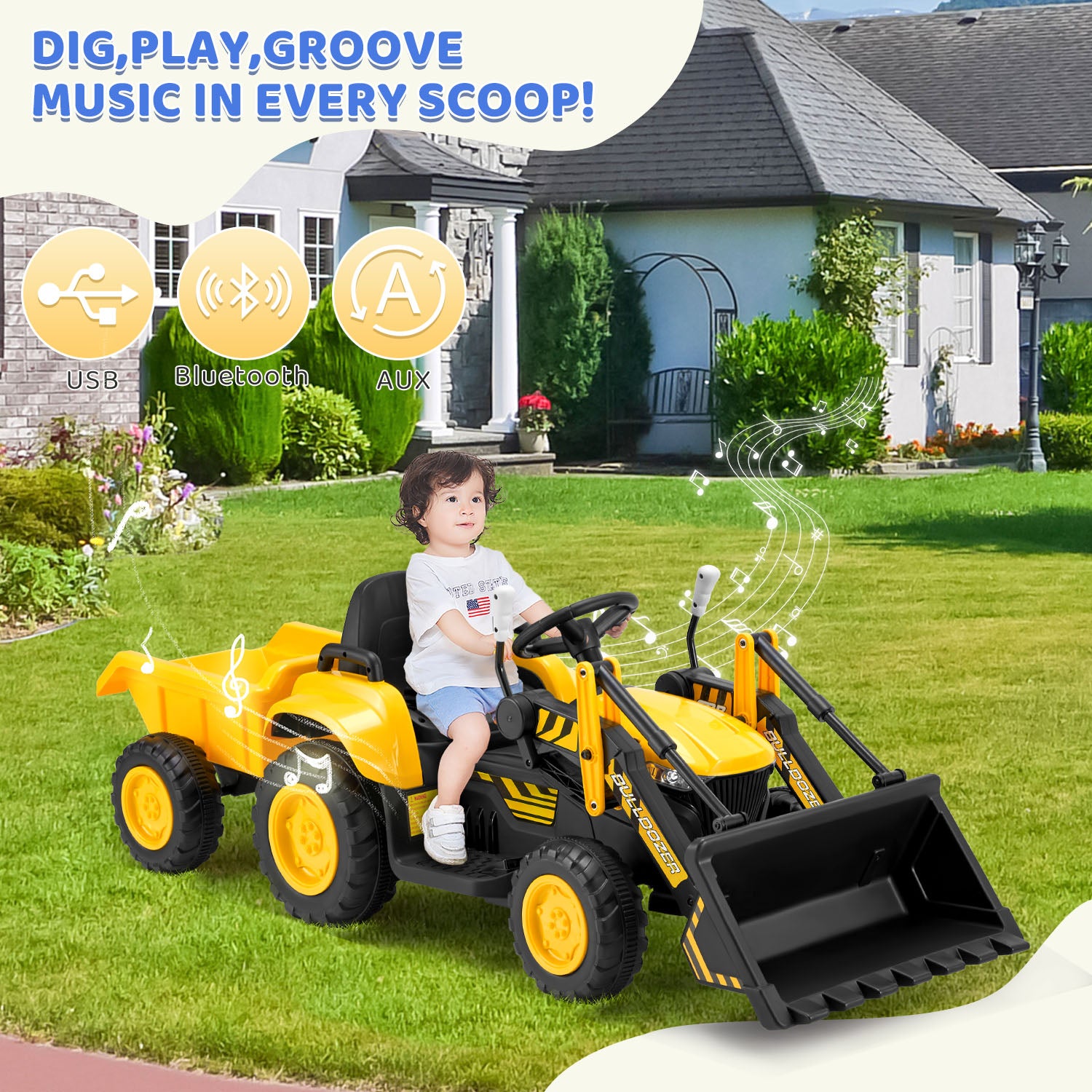EROMMY 12V Kids Ride-On Bulldozer Toy with Front Loader, Horn, LED Lights & Music - Yellow Construction Vehicle with Safety Belt | Outdoor Play, Birthday Gift for Toddlers Ages 3-5