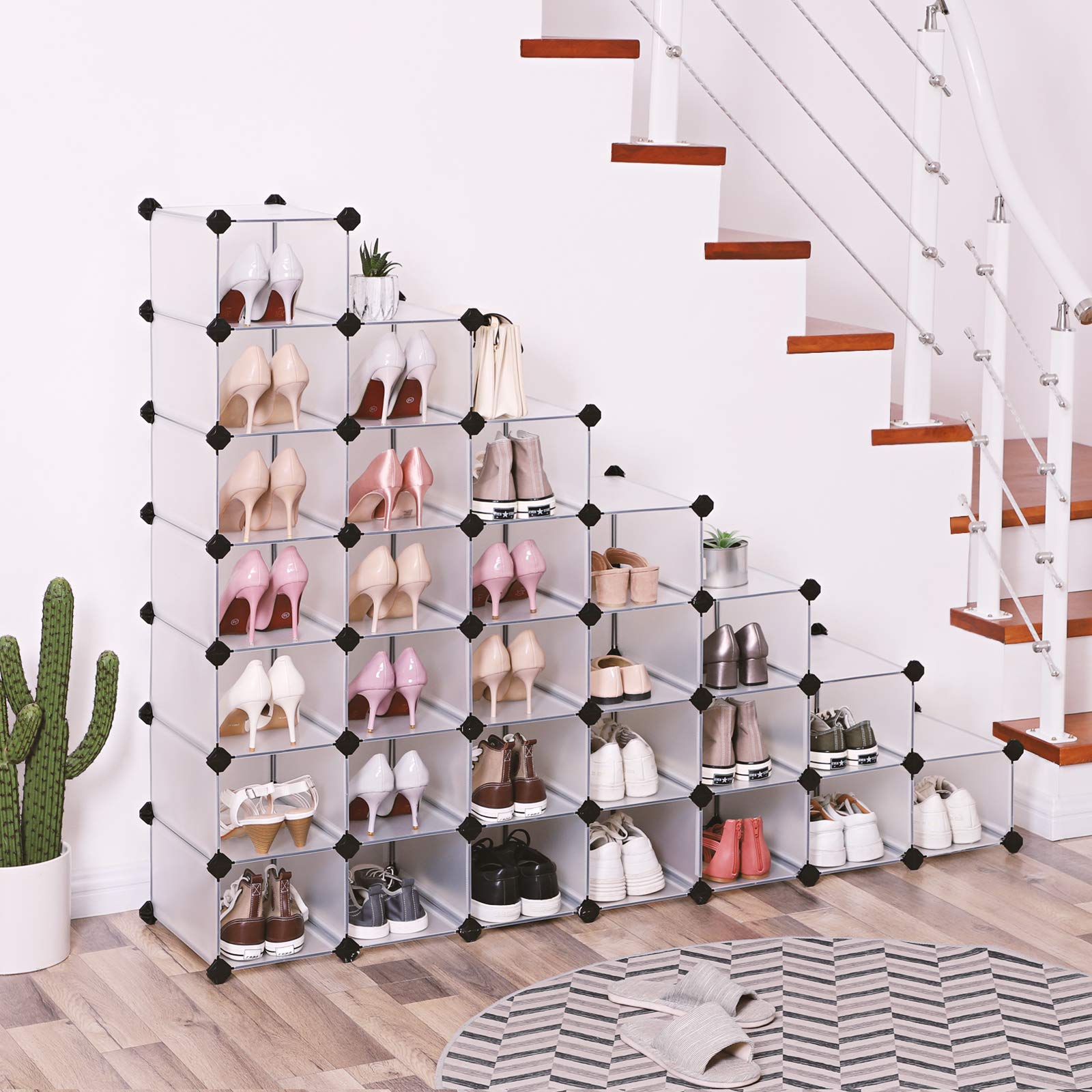 SONGMICS 32-Cube Shoe Rack Organizer, Interlocking Plastic Shoe Storage Cabinet for Closet Entryway Bedroom Garage - Space Saving Design, 13.9