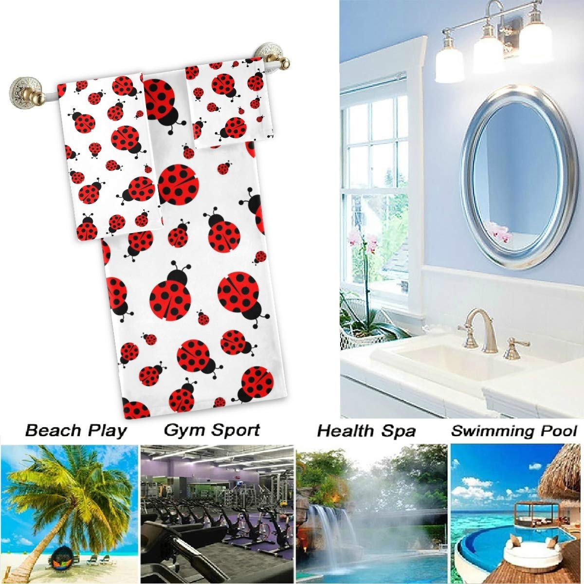 Cute Cartoon Ladybug Pattern Soft Luxury Bath Towel Set - 3-Piece (Bath Towel, Hand Towel, Washcloth) for Bathroom, Hotel, Gym, Spa & Kitchen | Perfect for Home Decor, Guest Towels & Spa Relaxation