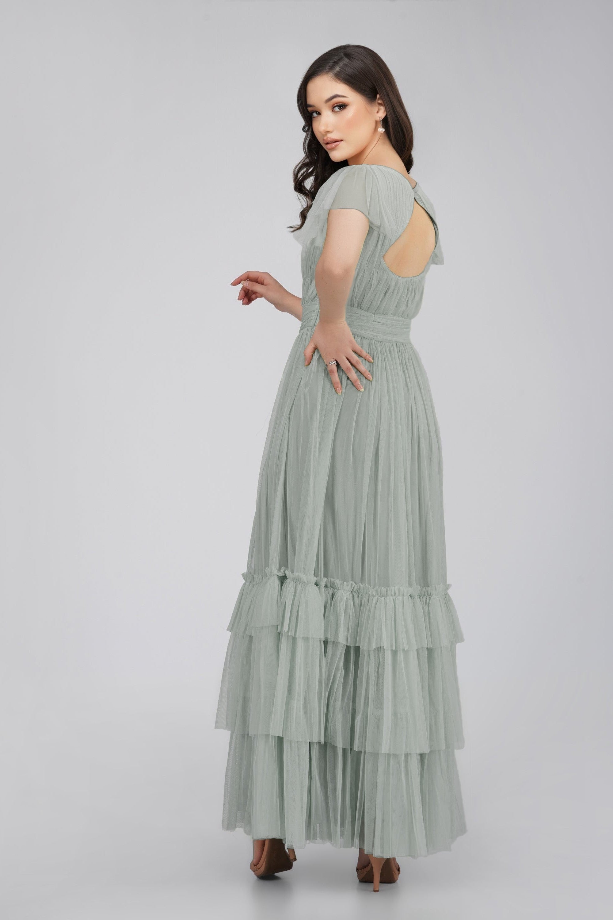 Elegant Dark Sage Tulle Maxi Dress for Women - Perfect for Weddings, Prom & Special Occasions
