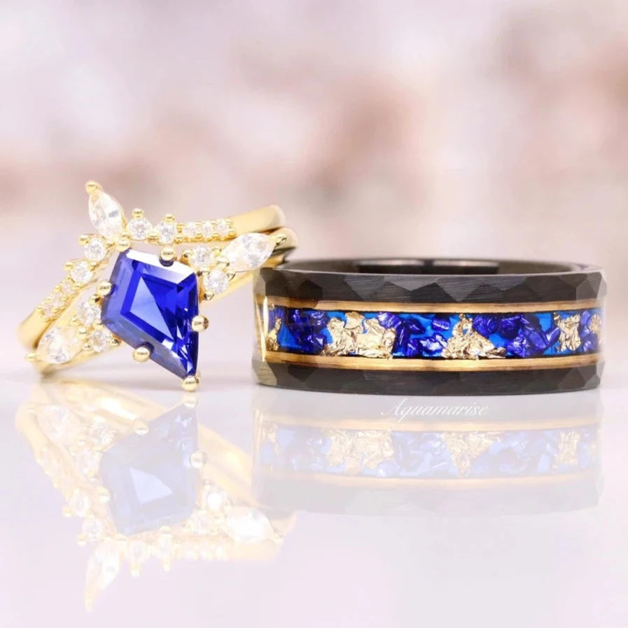Skye Kite™ Blue Sapphire & Gold Leaf Couples Ring - Elegant Matching Wedding Bands for Him & Her, Perfect for Anniversaries, Engagements, and Romantic Gifts