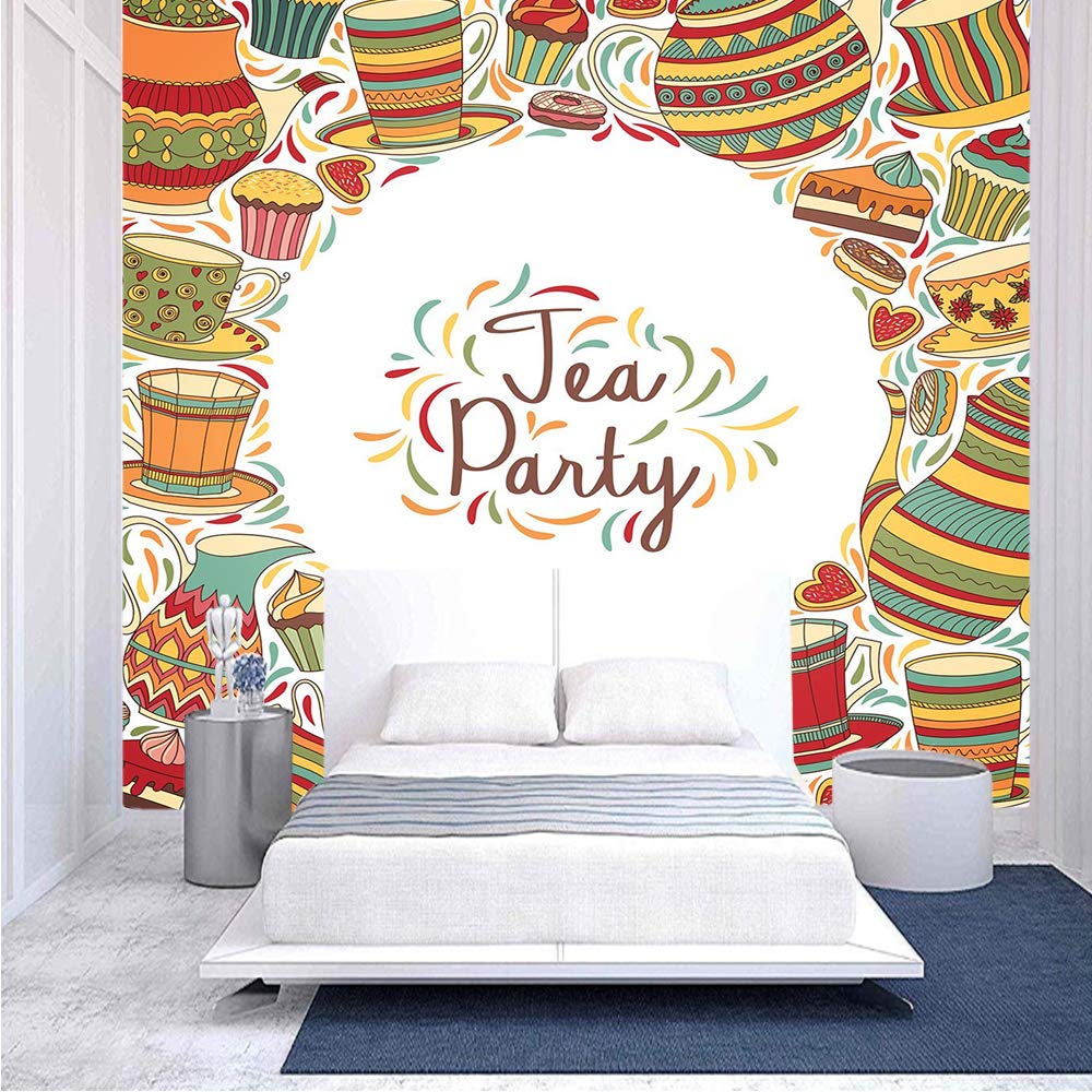 96x69 Inches Cartoon Kitchenware & Tea Party Wall Mural - Colorful Peel & Stick Self-Adhesive Wallpaper - Removable Large Wall Sticker for Home Decor - Perfect for Kids' Rooms, Kitchens & Play Areas