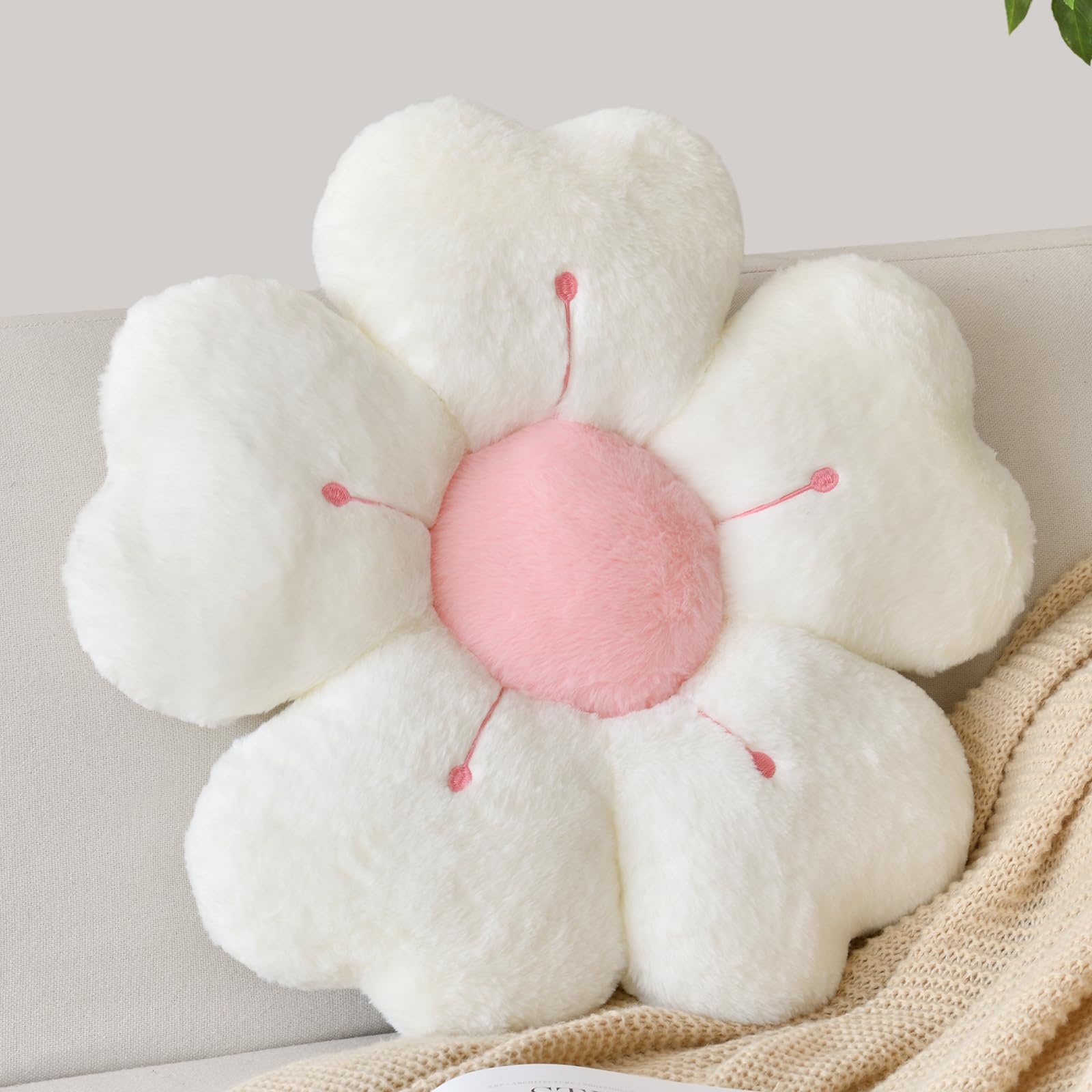 Flower Shaped Decorative Throw Pillow - Soft Artificial Rabbit Fur Cushion for Couch, Bed, Chair & Floor - 14.9 Inch White Floral Pillow for Bedroom & Living Room Decor | Perfect for Cozy Reading Nooks, Lounge Areas & Home Styling