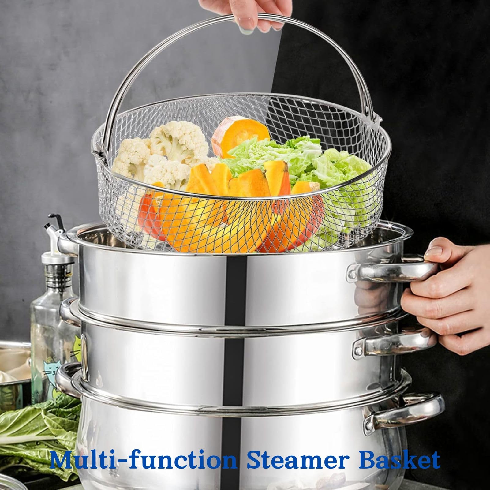5-Tier Stainless Steel Dehydrator Rack & Grill Stand with Air Fryer Basket - Compatible with 6.5 & 8 Quart Pressure Cookers, Instant Pot & Air Fryers - Perfect for Drying Fruits, Jerky, Roasting Veggies & Air Frying Snacks