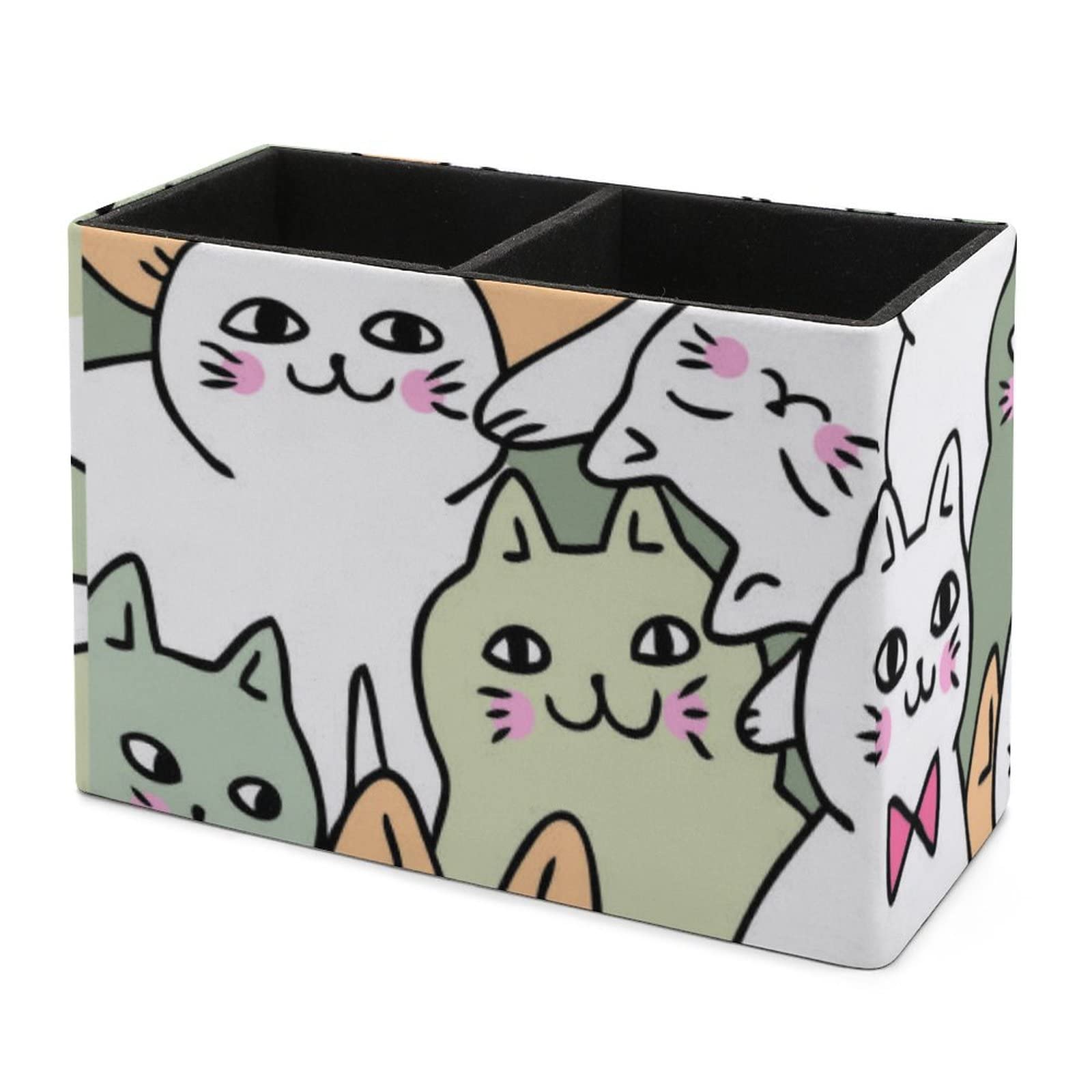 Cartoon Doodle Cats Pen Holder - Stylish Leather Desk Organizer for Pencils, Pens & Makeup Brushes | Perfect for Office, School & College Workspaces
