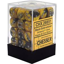 Chessex 36-Pack Black Gold with Silver Gemini 12mm Pipped D6 Dice Set - Perfect for D&D, RPGs, Board Games & Collectors