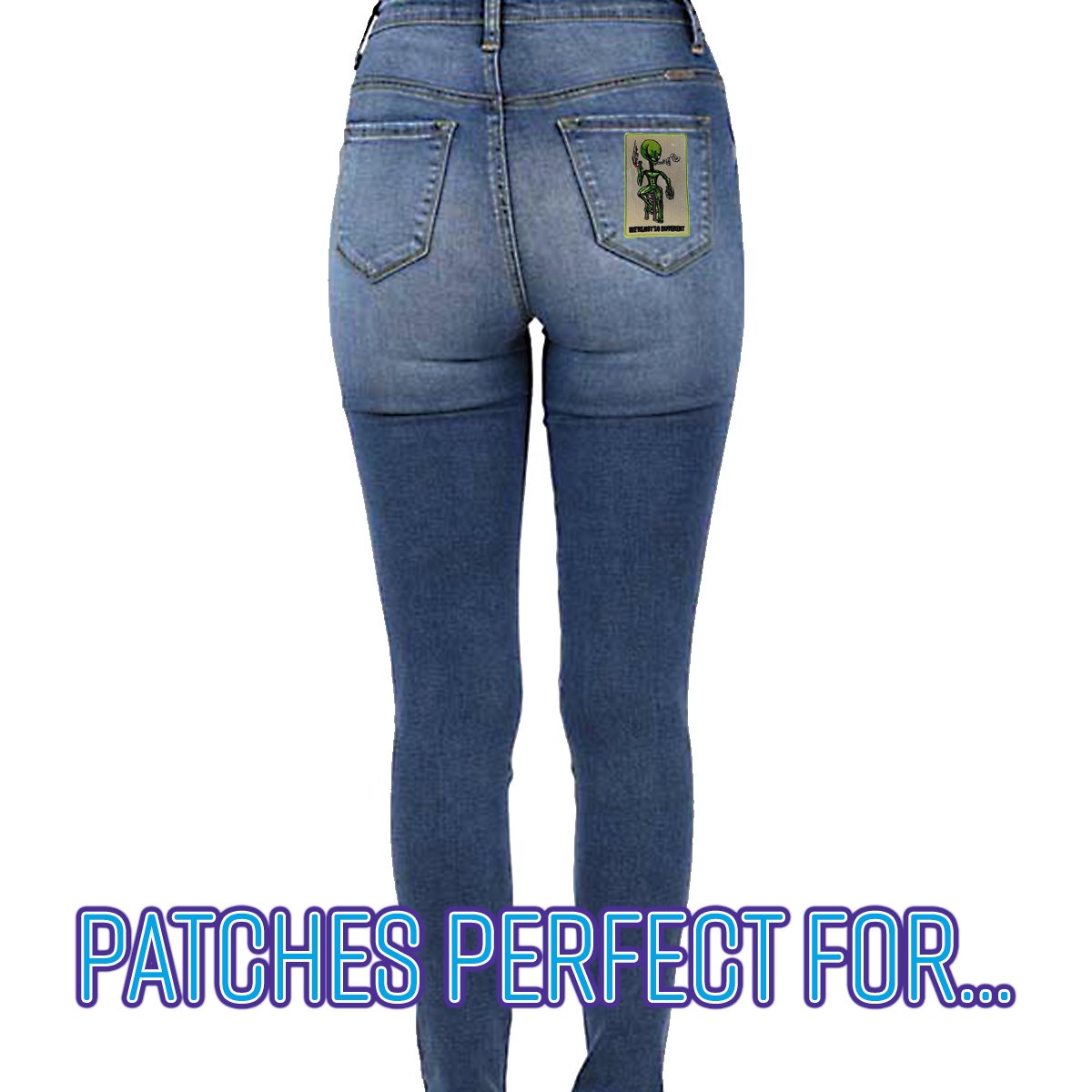 Alien on Barstool Iron On Patch - 'We're Not So Different' Novelty Applique for DIY Clothing, Jackets, Bags & Costumes