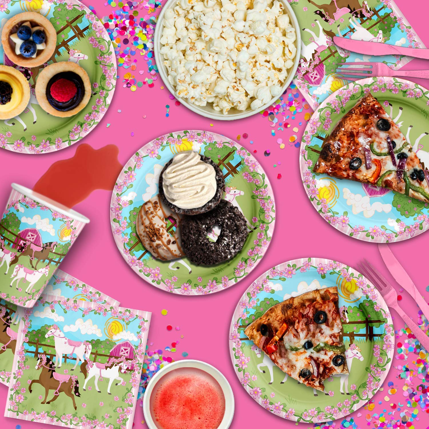 Pink Horse Birthday Party Supplies Set - 16-Piece Tableware Kit with Plates, Napkins & Cups for Kids' Themed Party Decorations